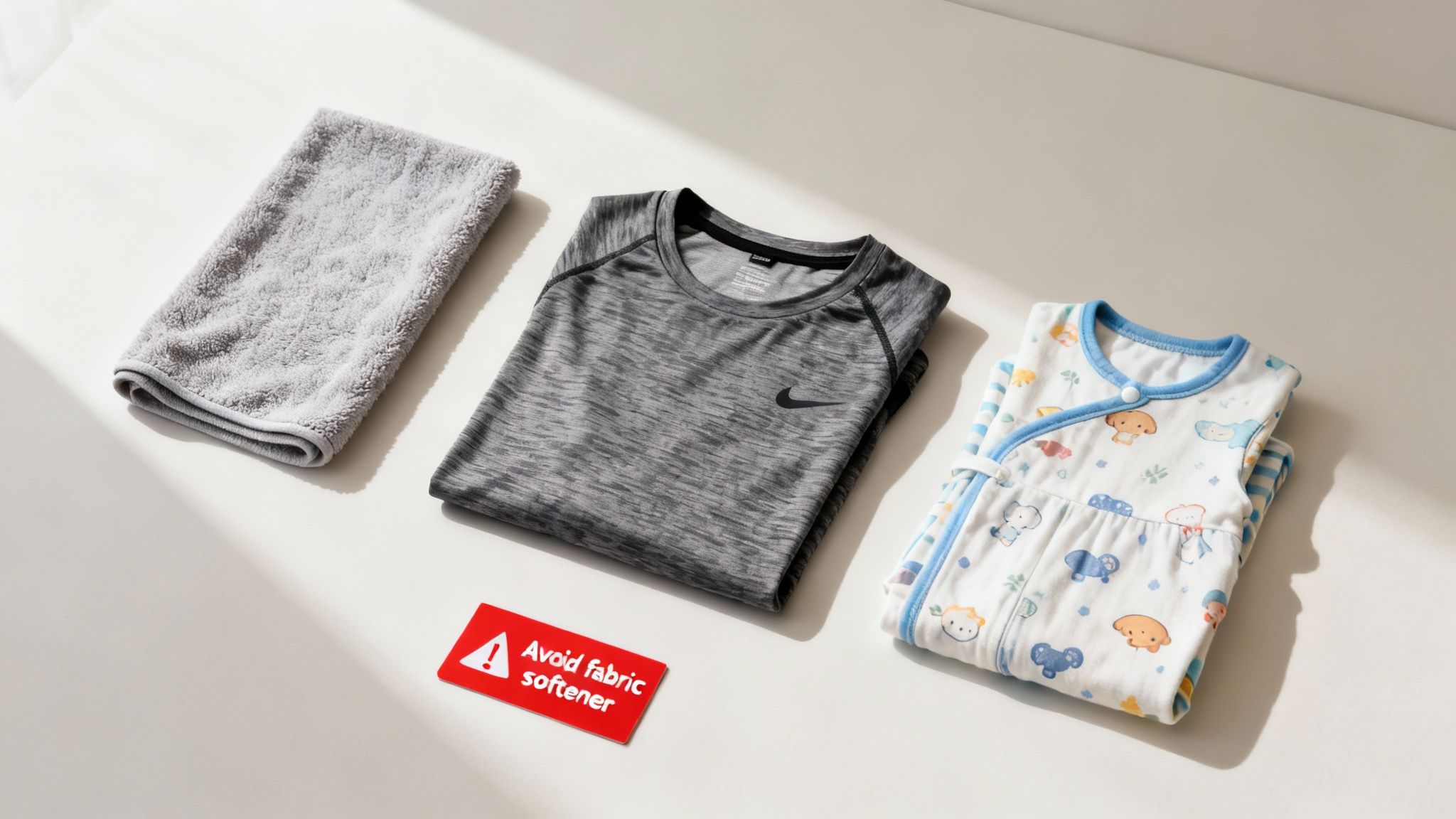 A hand holding a bottle of fabric softener in front of a pile of towels and athletic wear, with a red X symbol over it.