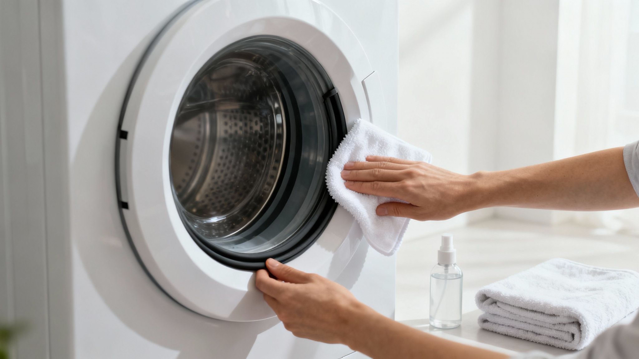A person's hands wearing yellow gloves cleaning the rubber gasket of a front-load washing machine.