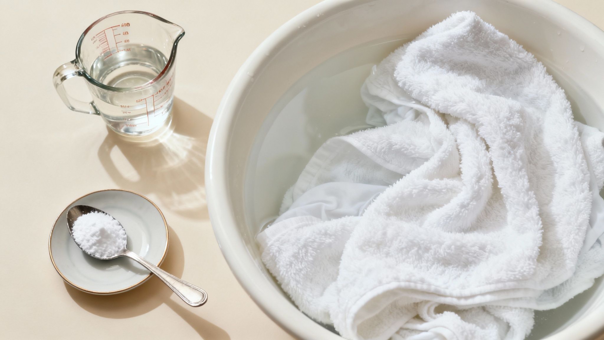 A neatly folded stack of clean, white towels next to a bottle of white vinegar.