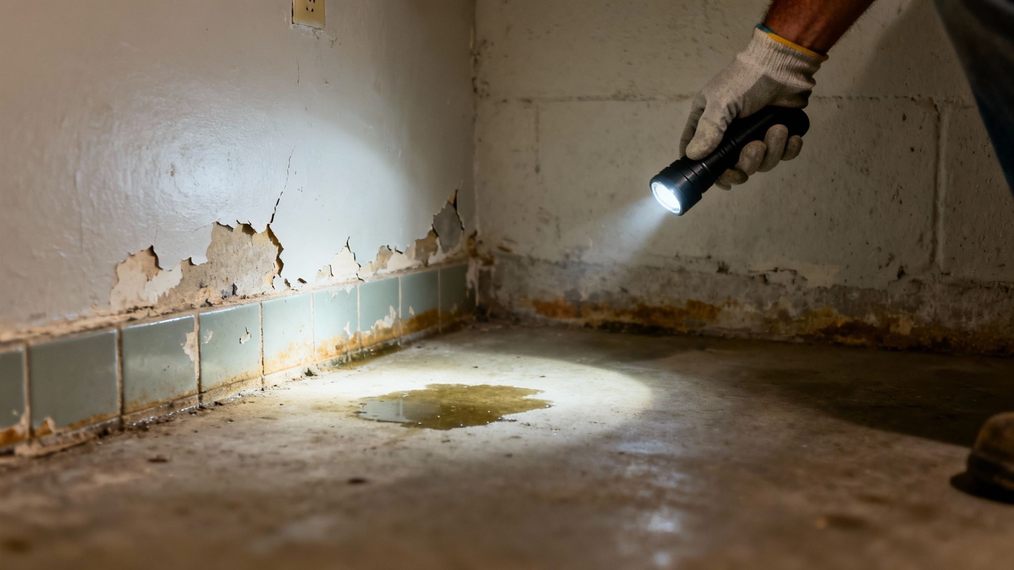 Woman inspecting a damp basement wall for mildew.