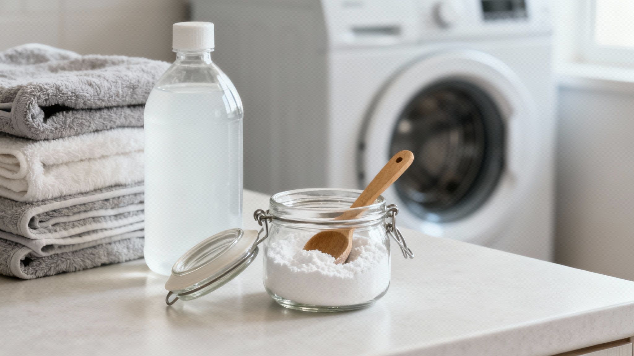 A scoop of baking soda and a bottle of white vinegar sitting next to a laundry basket of clothes.