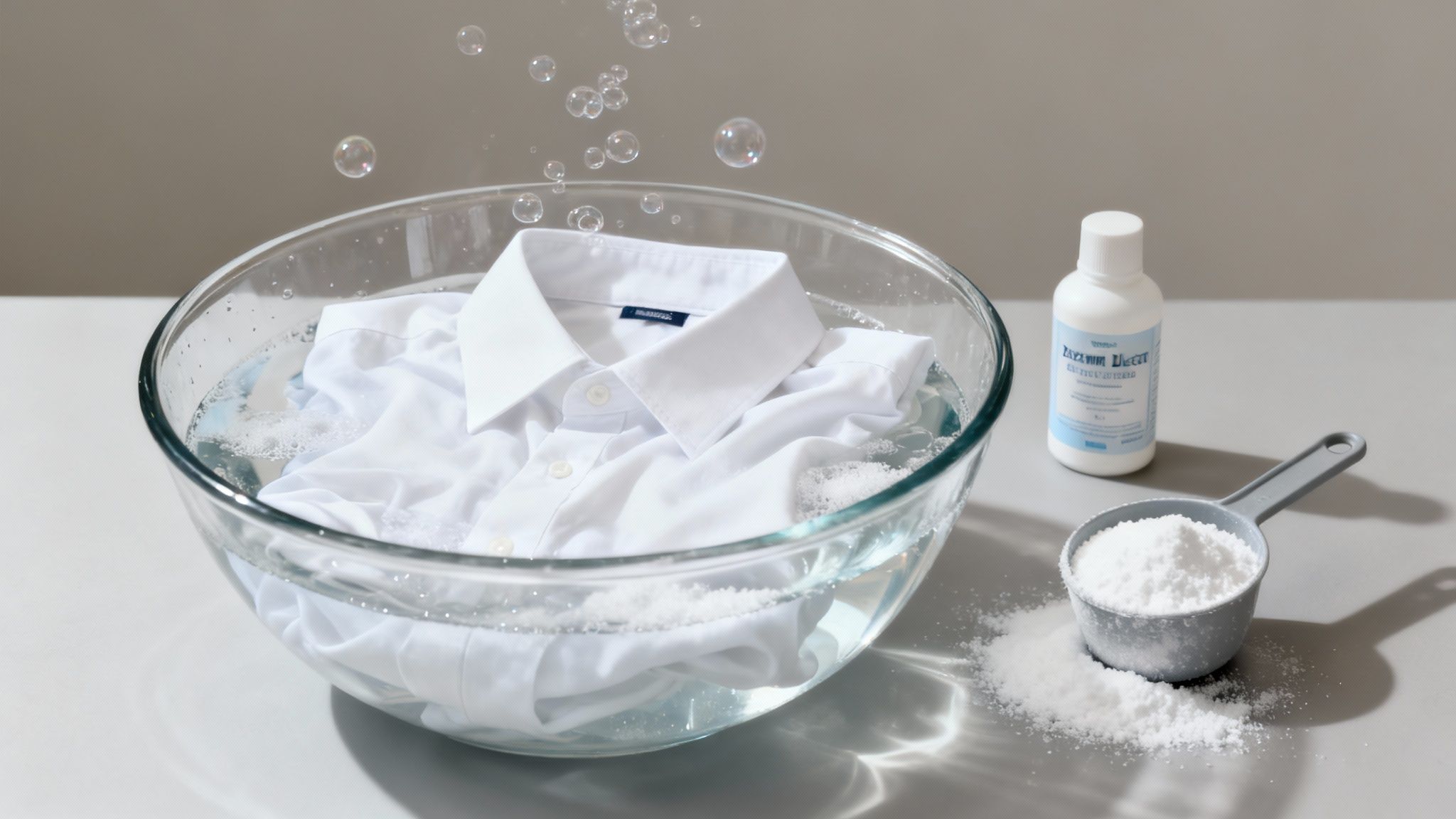 A person soaking a white garment in a clear basin of water, showing a determined approach to stain removal.