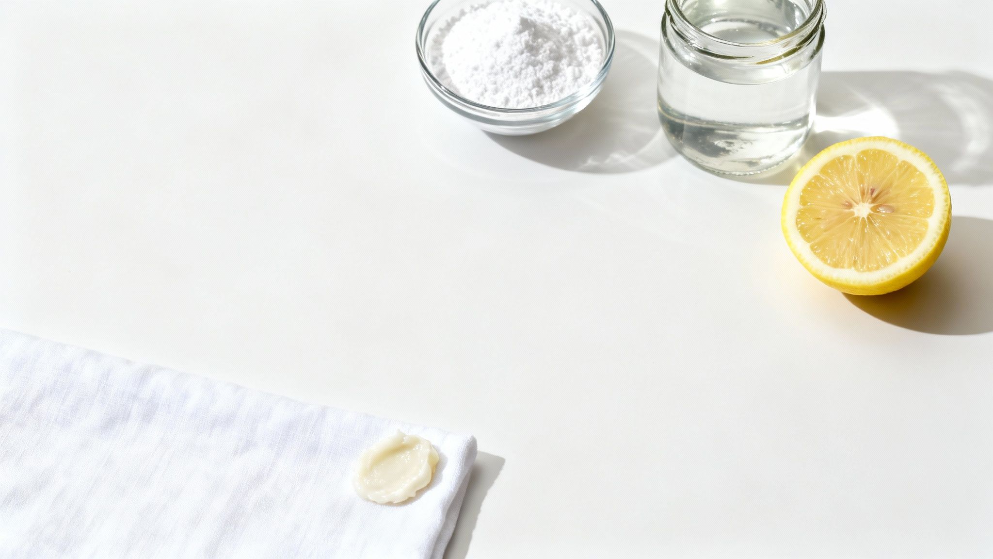 A small bowl with a baking soda paste and a lemon, representing natural cleaning ingredients.