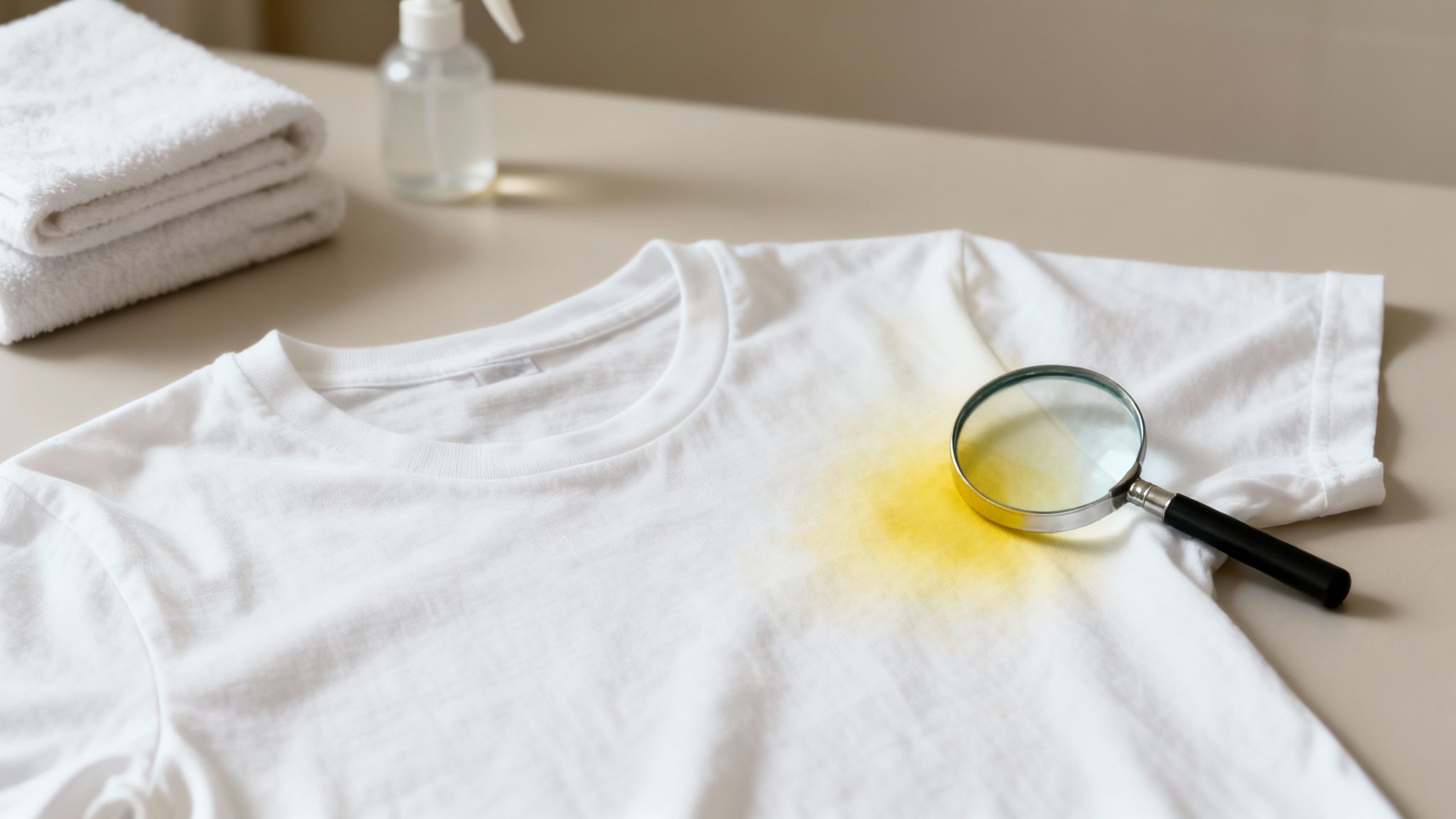 A white t-shirt with a visible yellow stain on the collar, laid out on a clean surface.