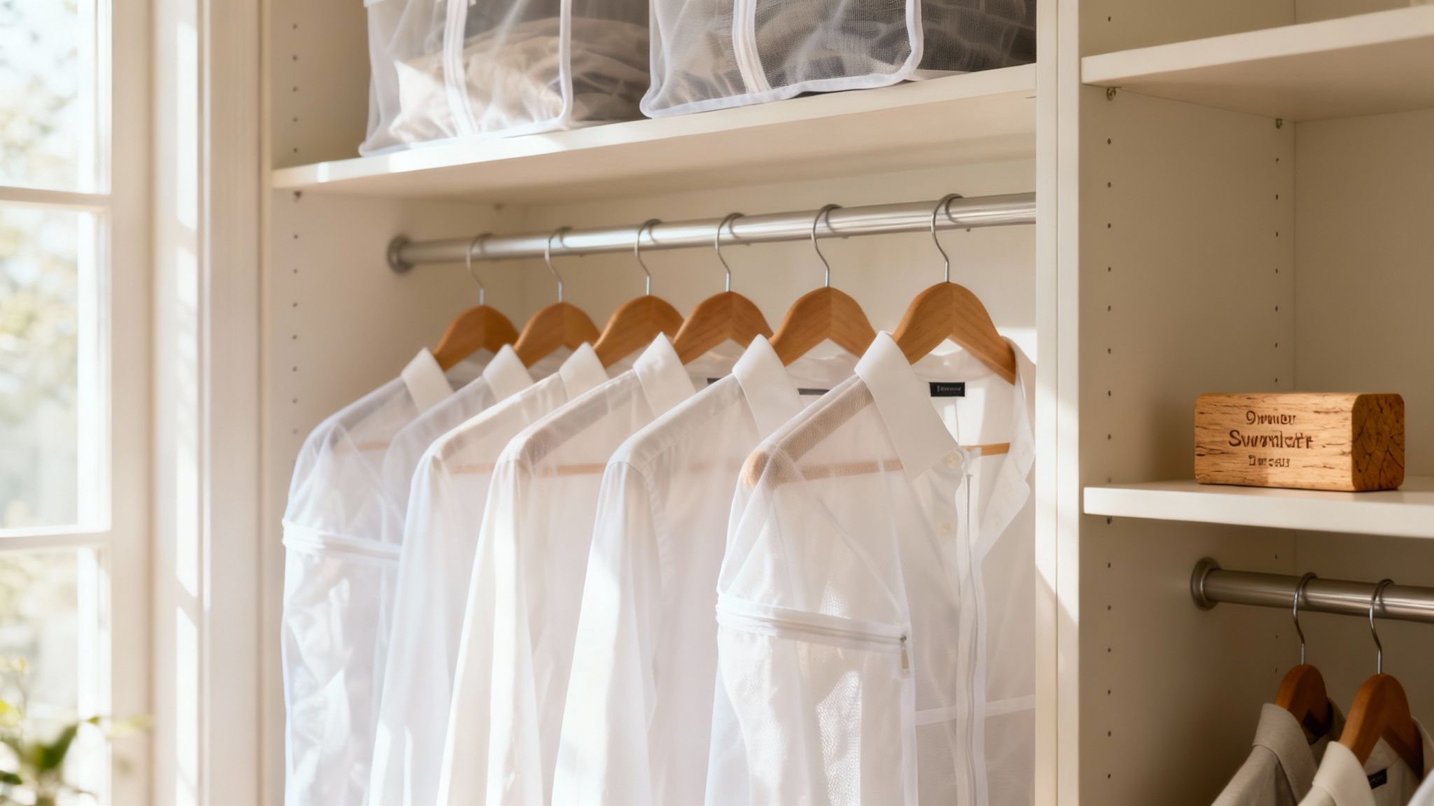A neatly folded stack of bright white shirts on a wooden surface.