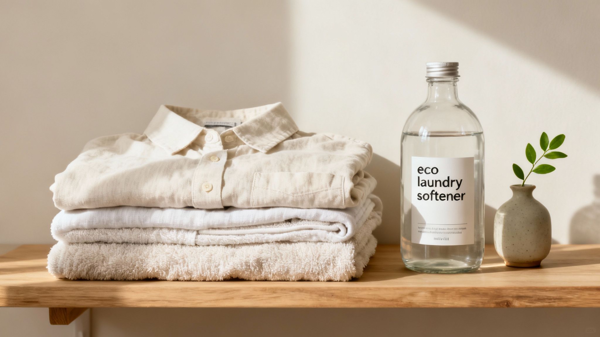 A person holding a bottle of clear, plant-based laundry softener with green leaves in the background.