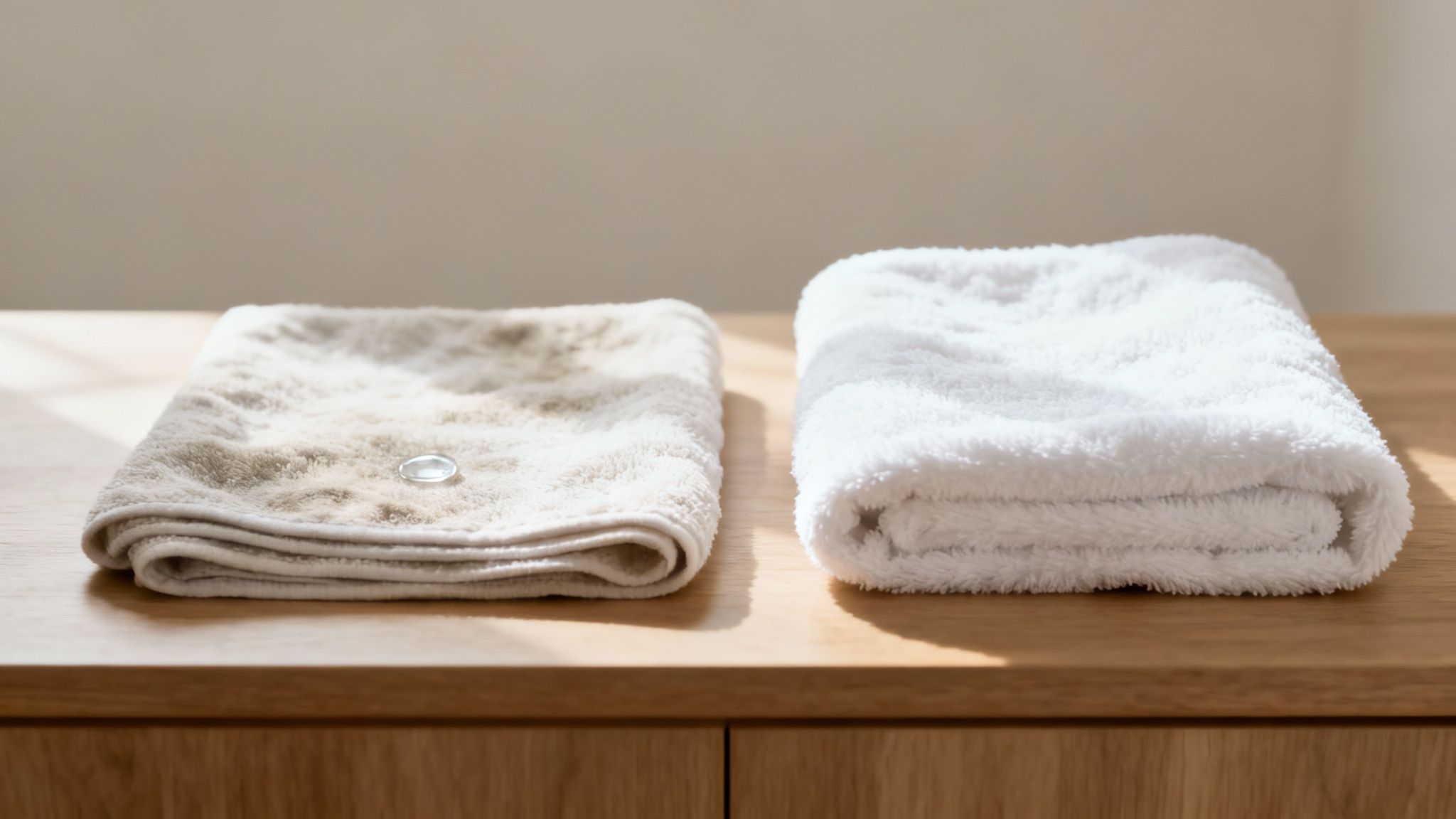 Clean, folded towels stacked neatly on a wooden surface.