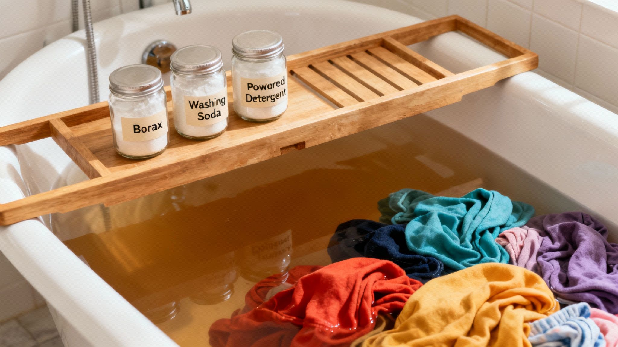 A white bathtub filled with hot water and laundry stripping ingredients being mixed.
