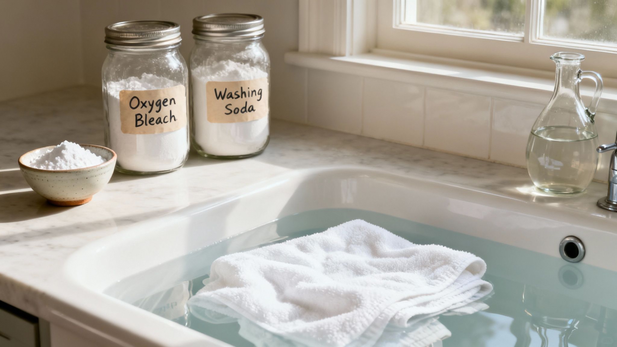 Natural cleaning ingredients like lemons, vinegar, and baking soda on a white surface.