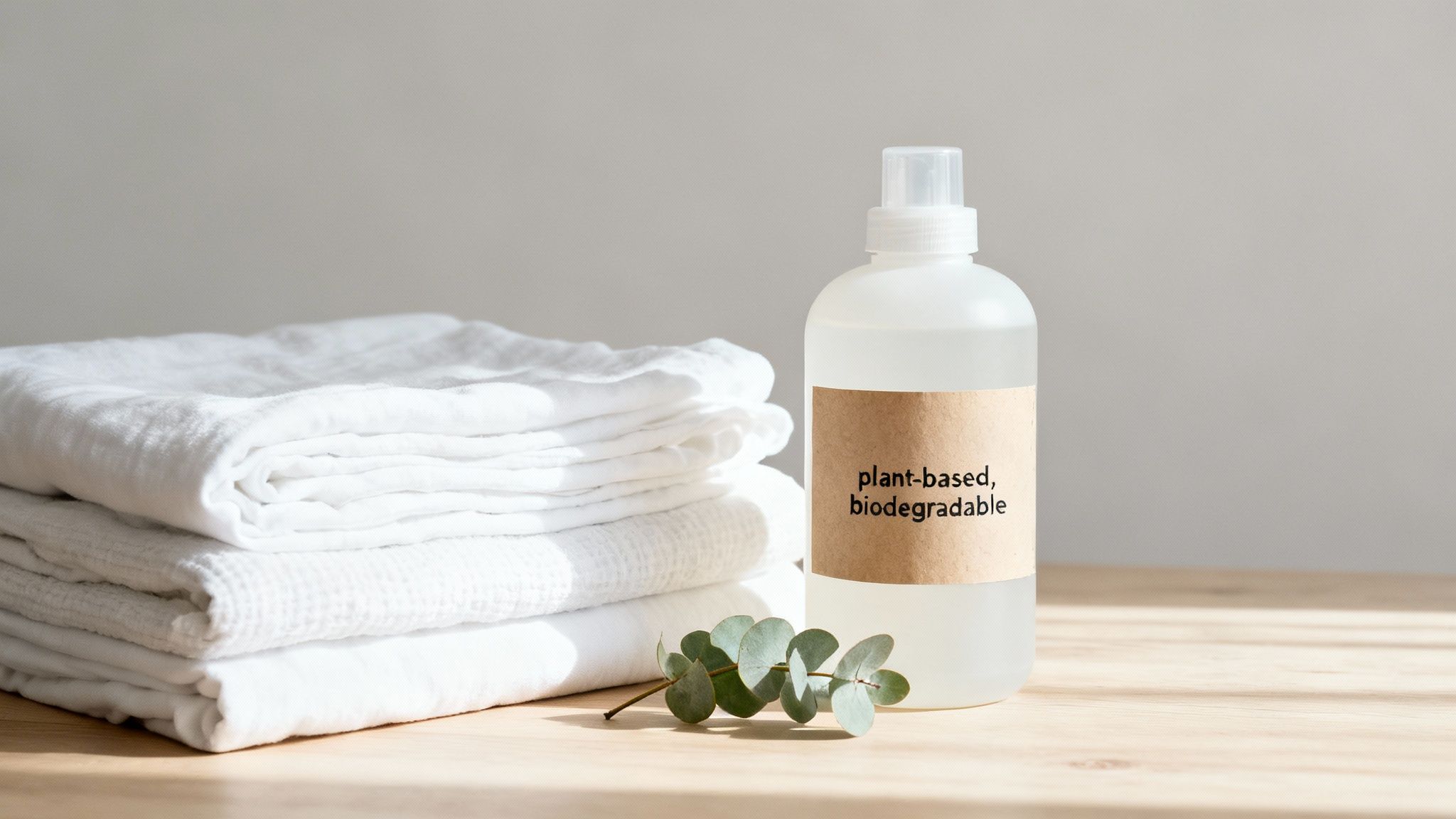 A person pouring clear liquid from a glass bottle into a washing machine's dispenser drawer.