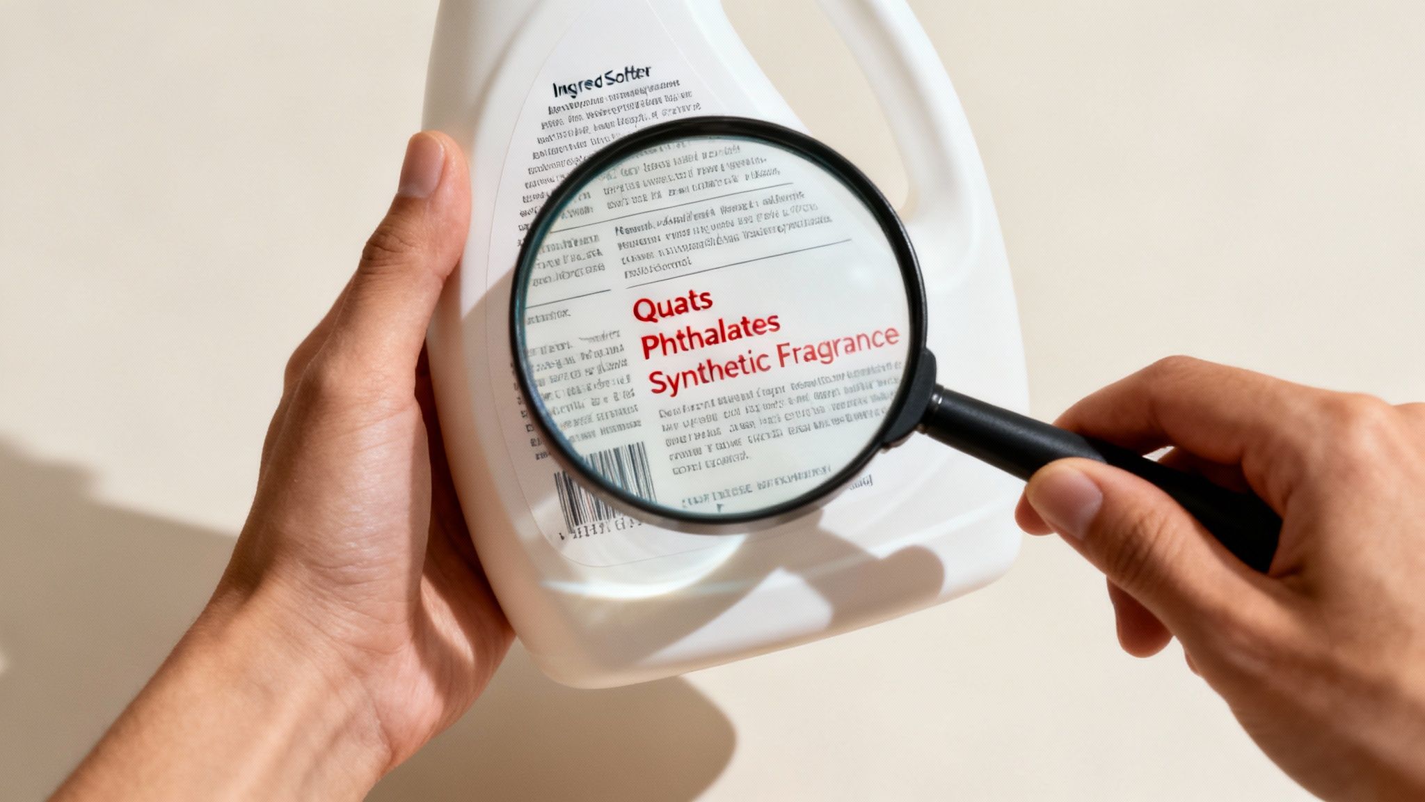 A person closely examining the ingredient label on a bottle of laundry product.