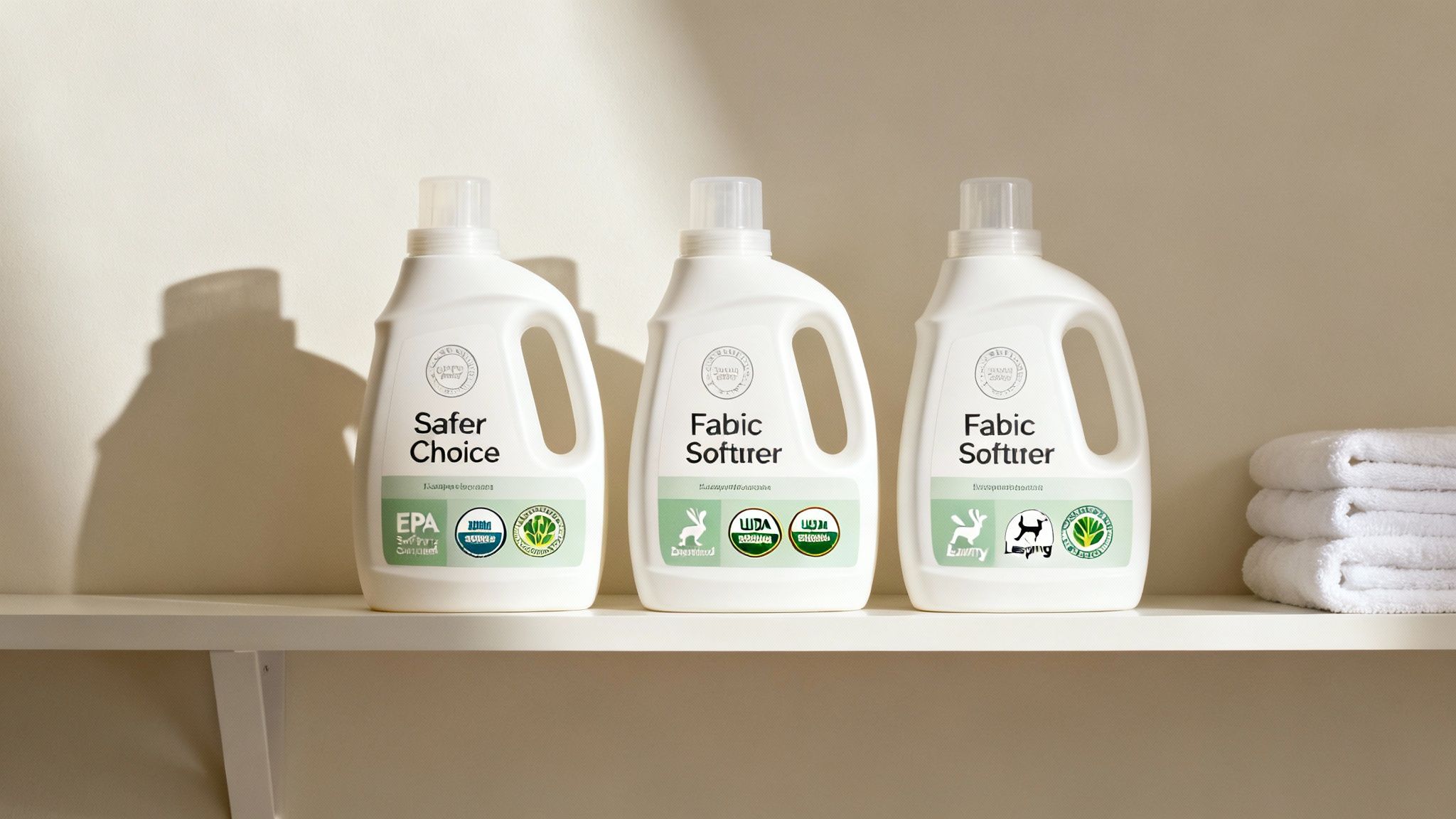 A close-up of a person's hand holding a bottle of cleaning product, pointing to the certification labels on the packaging.