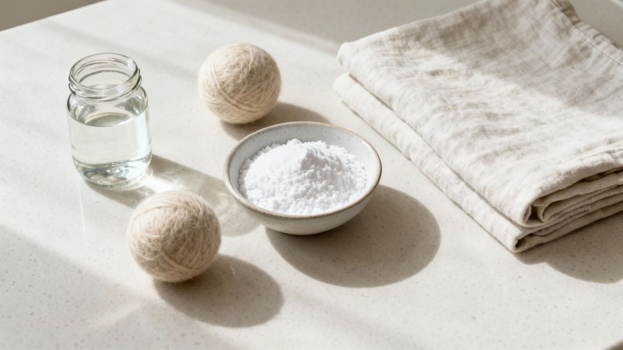 Three white wool dryer balls in a woven basket next to a bottle of essential oil.