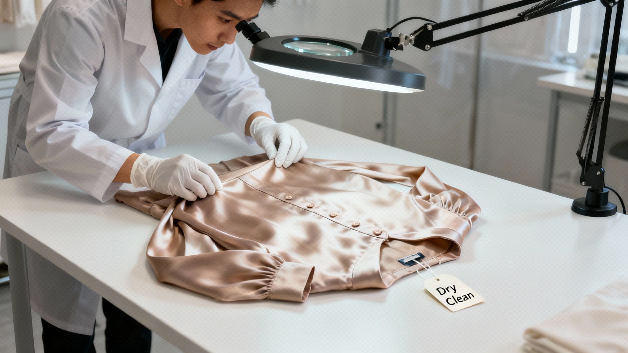 A professional dry cleaner carefully inspecting a delicate silk garment on a hanger.