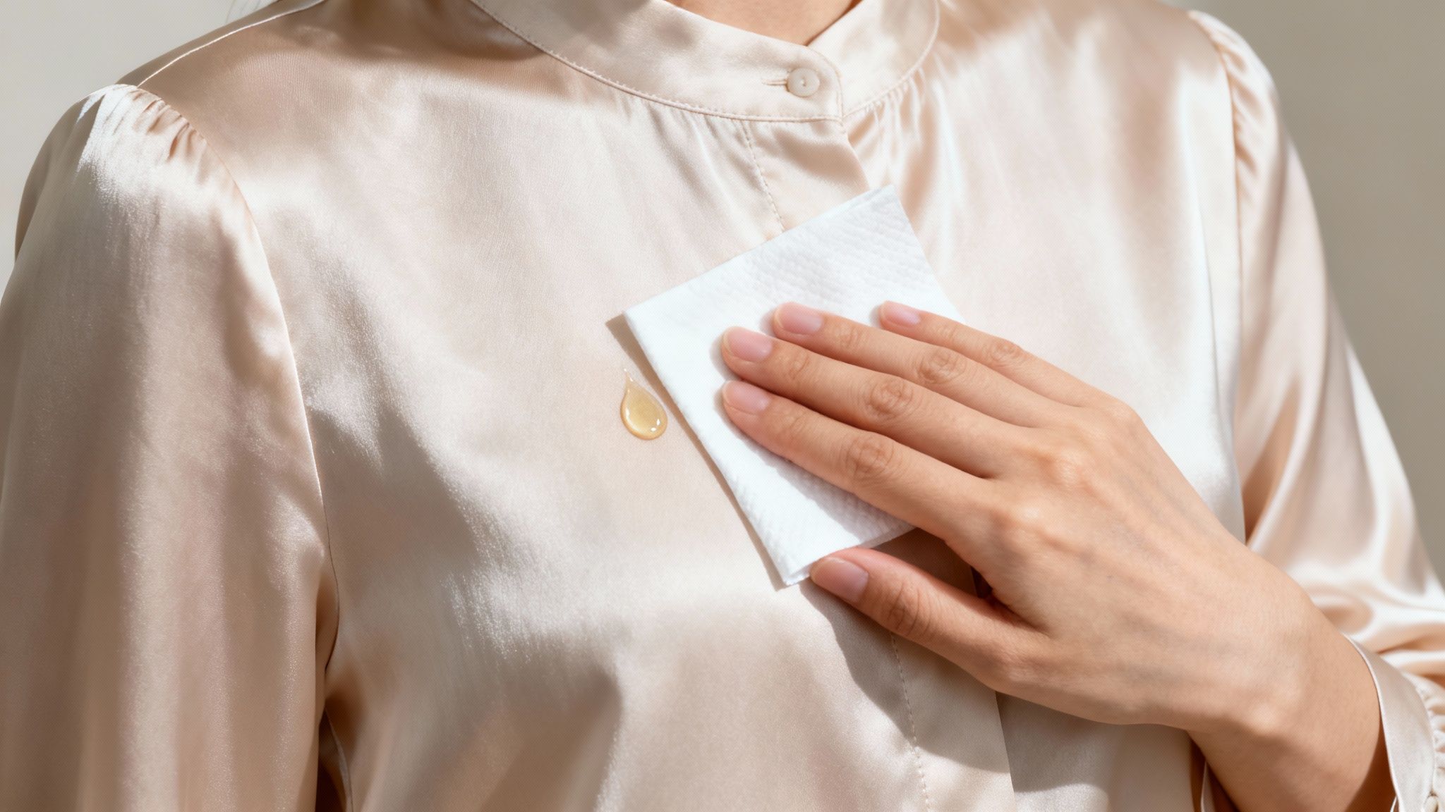 A person blotting an oil stain on a silk garment with a clean cloth.