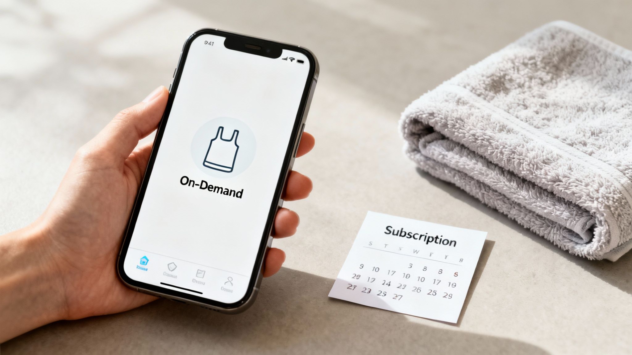 A person holding a smartphone to schedule laundry pickup.