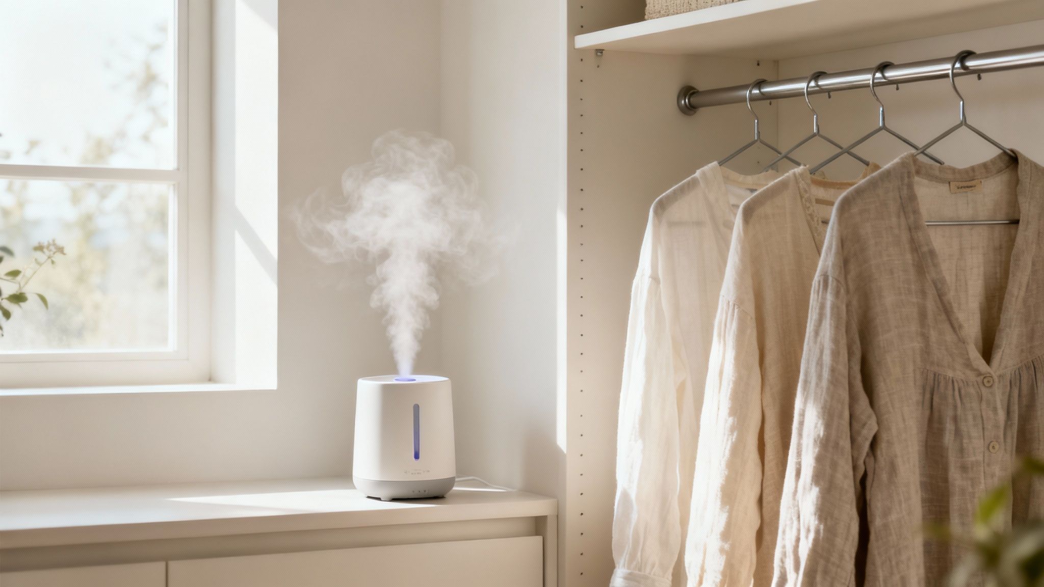A neat and organized closet with clothes hanging on wooden hangers.