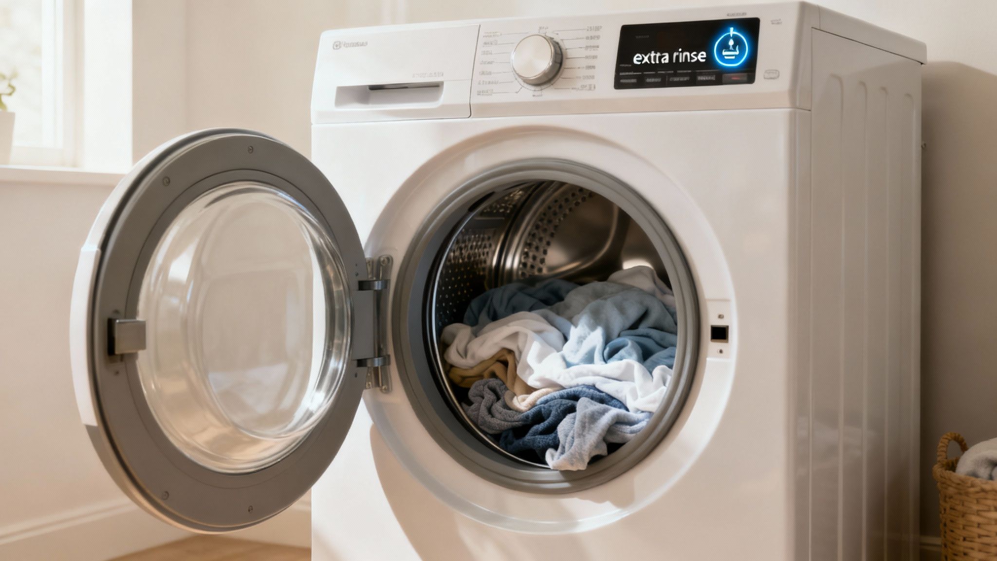 A person loading clothes into a modern front-loading washing machine