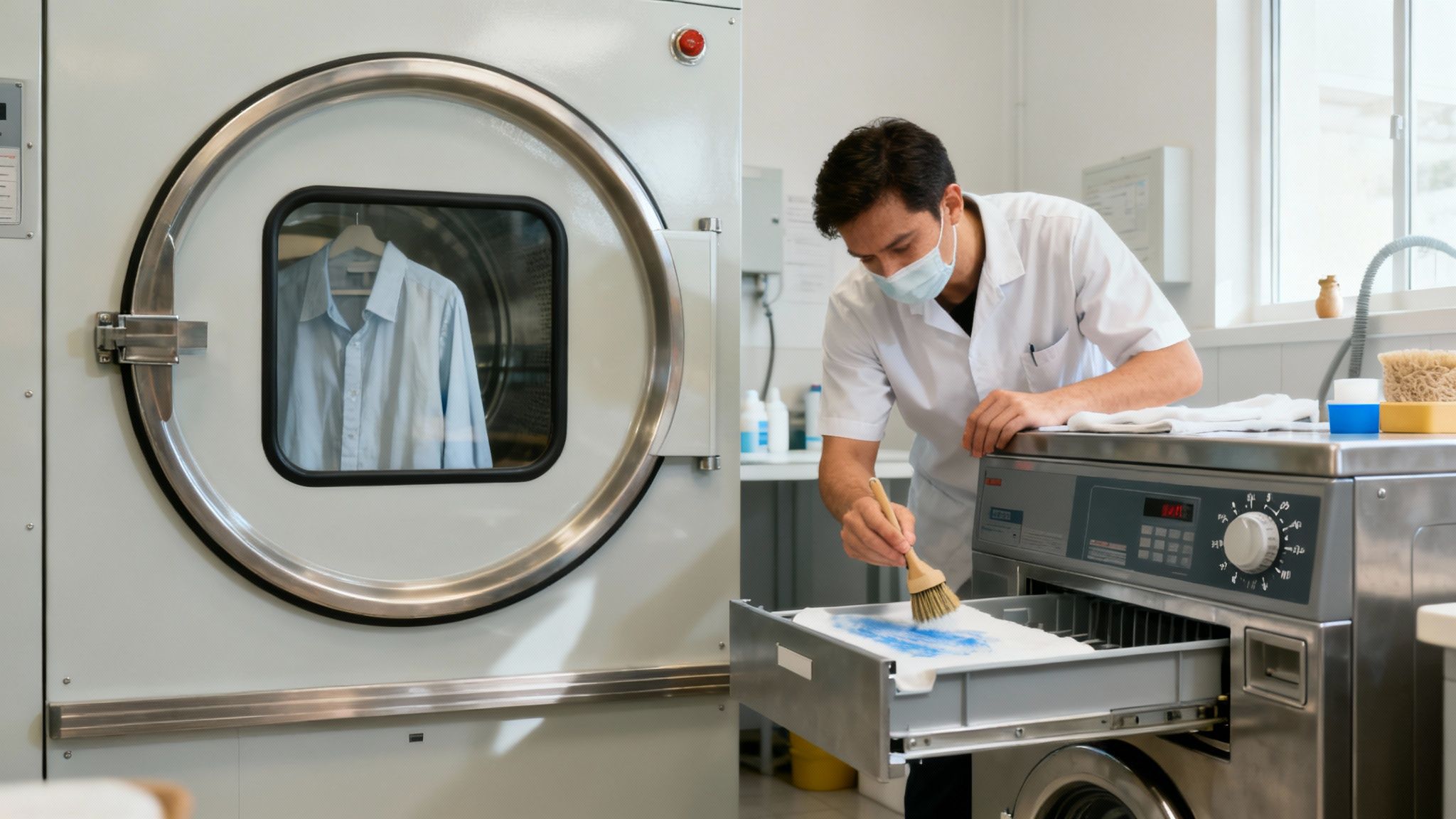 Professional worker cleaning industrial laundry equipment in modern commercial cleaning facility