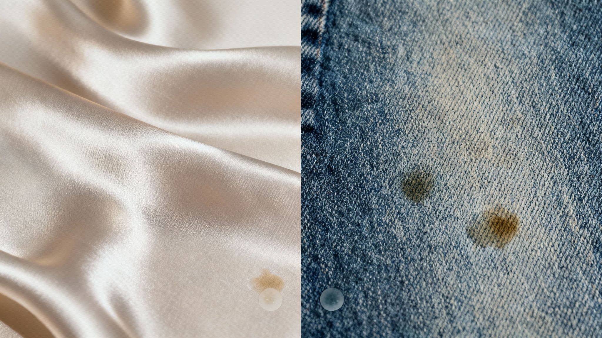 Side by side comparison showing oil stains on white silk fabric and blue denim material