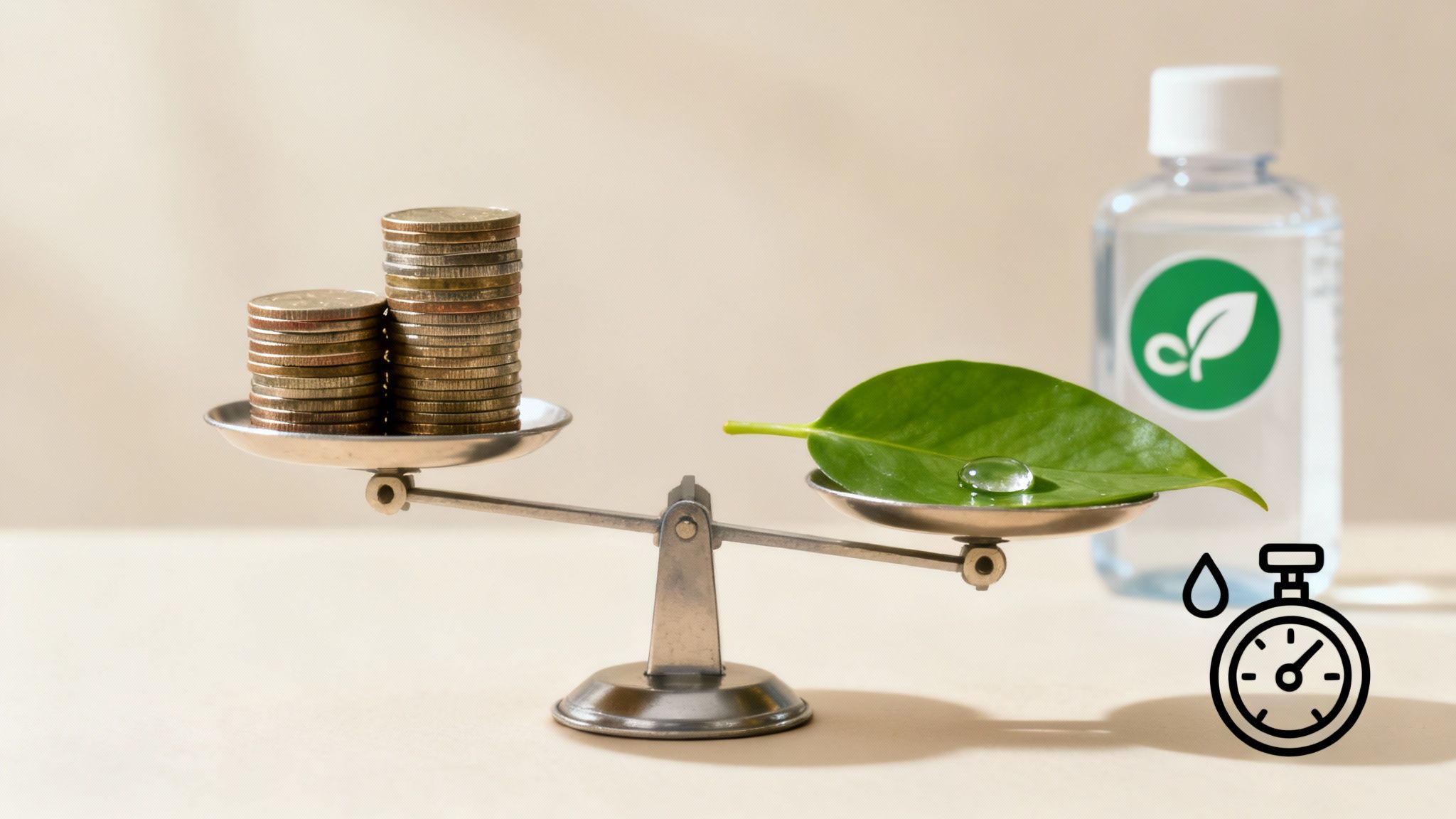 Balance scale comparing stacked coins with green leaf and eco-friendly bottle representing cost efficiency