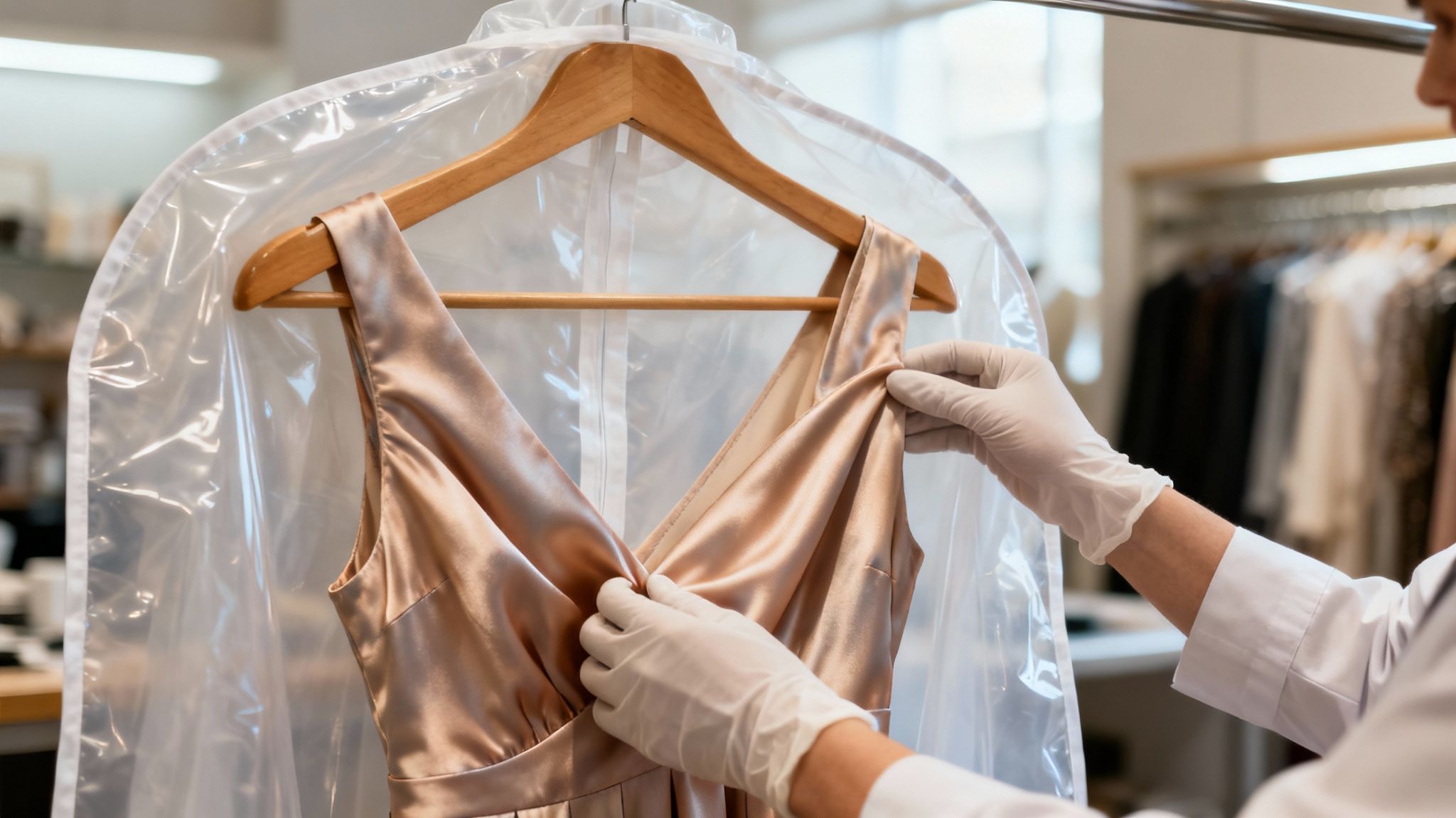 Professional dry cleaner handling delicate champagne silk garment with protective cover and gloves