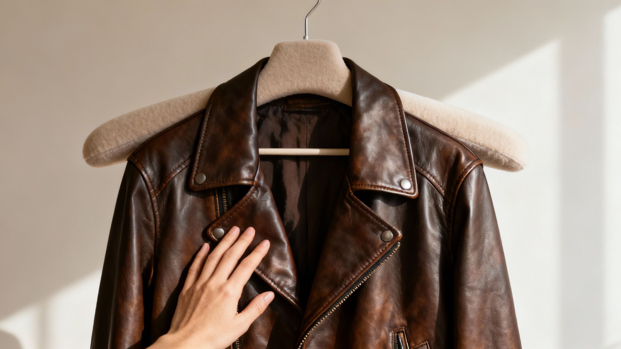 Hand touching brown leather jacket hanging on padded hanger for proper care and maintenance