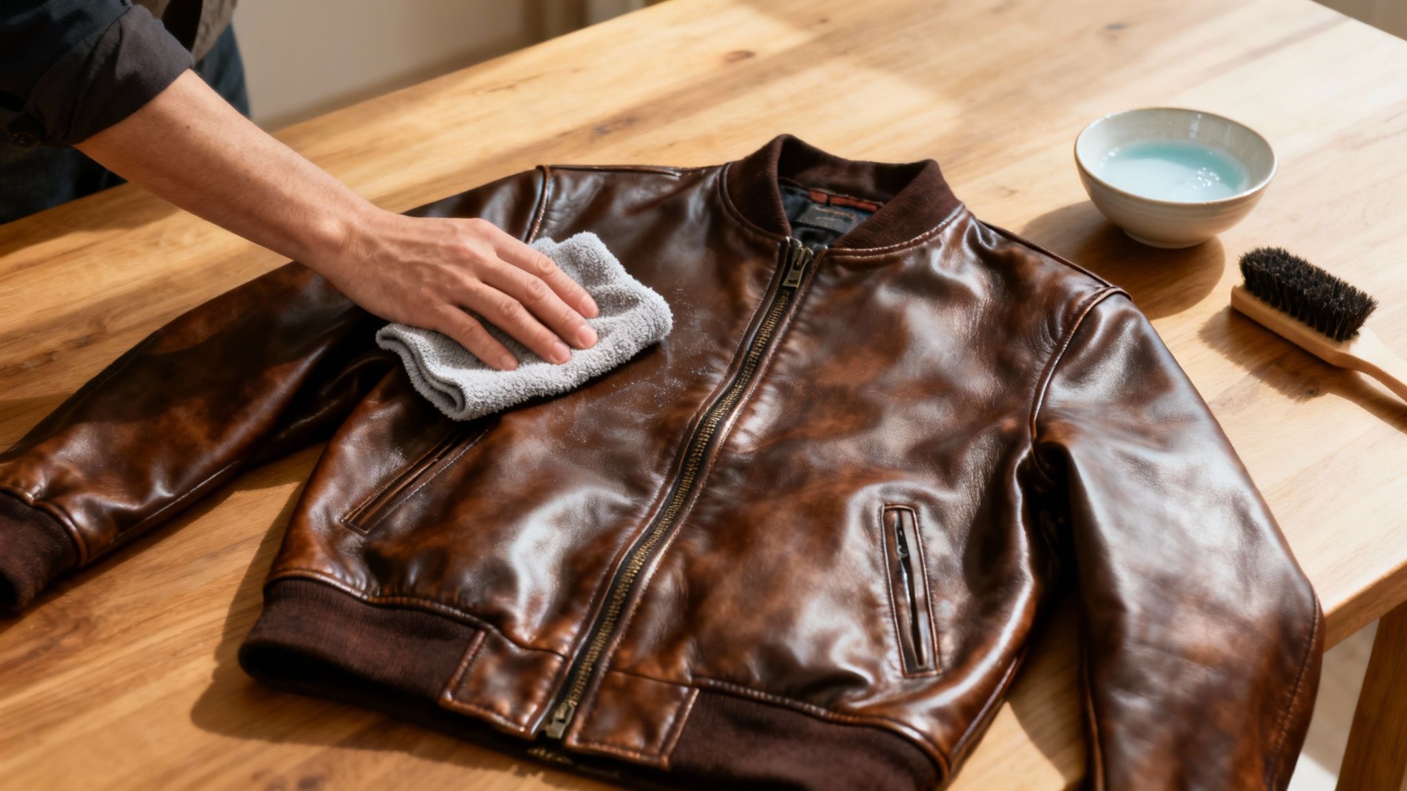 Person cleaning brown leather jacket with gray cloth on wooden table with brush and bowl