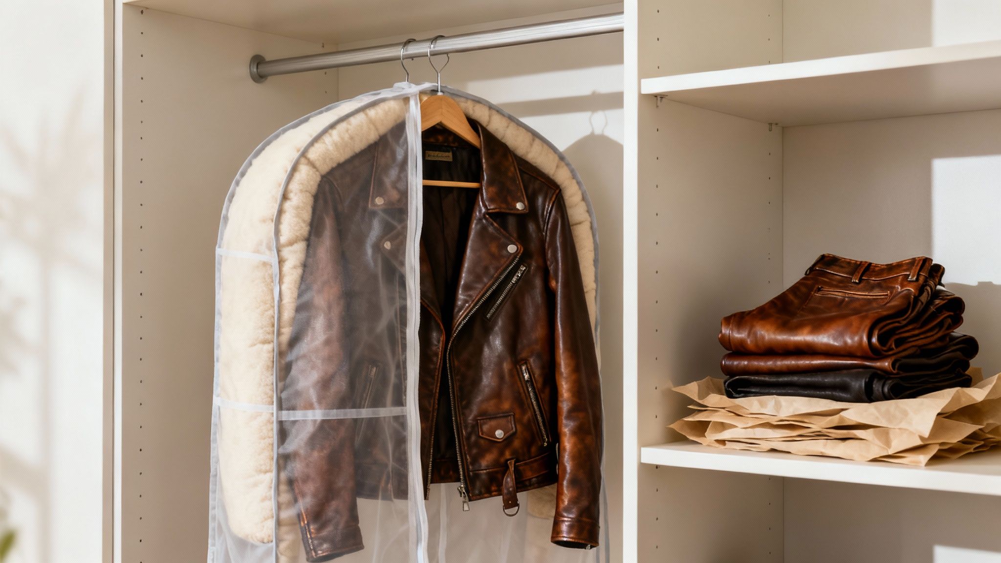 Brown leather jacket in protective garment bag hanging in organized closet with folded leather pants