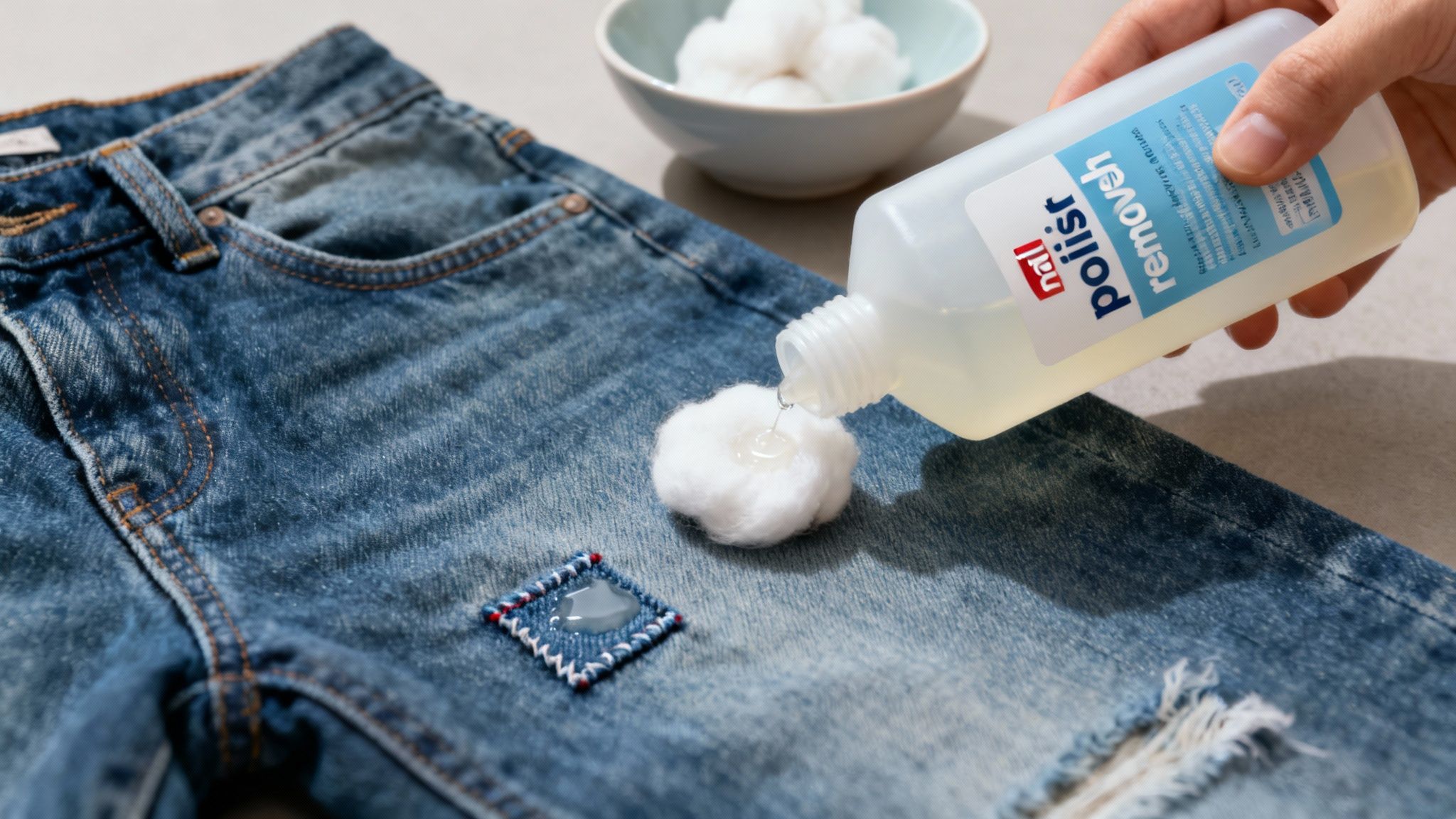 Person applying hydrogen peroxide liquid onto cotton ball to remove super glue stain from denim jeans