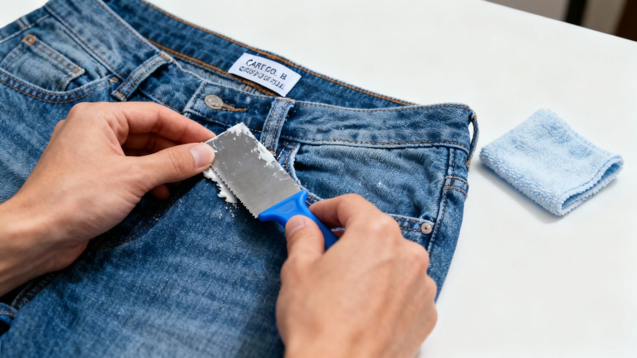 Person using lint remover tool to clean stains from blue denim jeans on white surface
