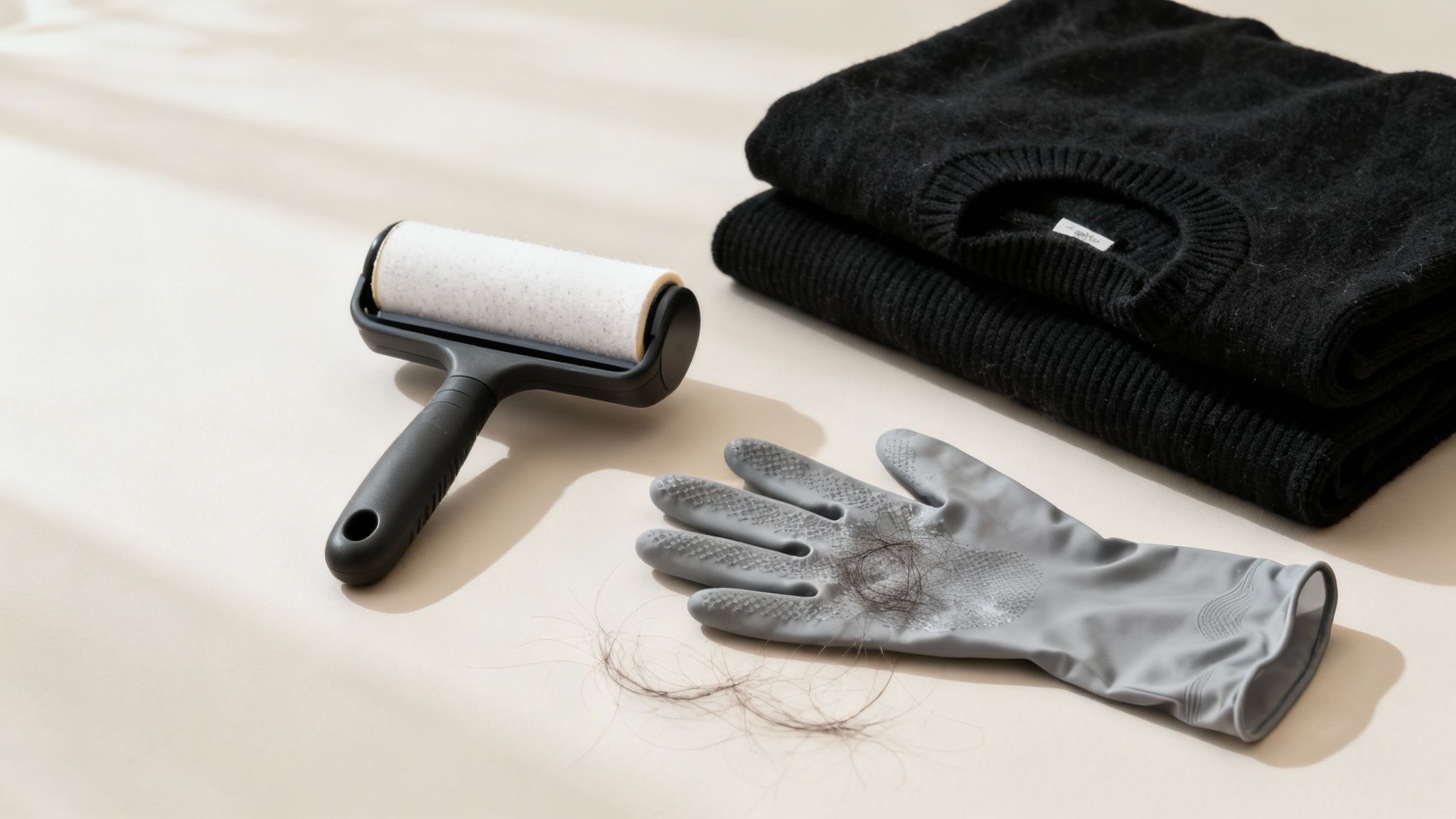 Lint roller, rubber gloves, and pet hair removal tools next to black sweater