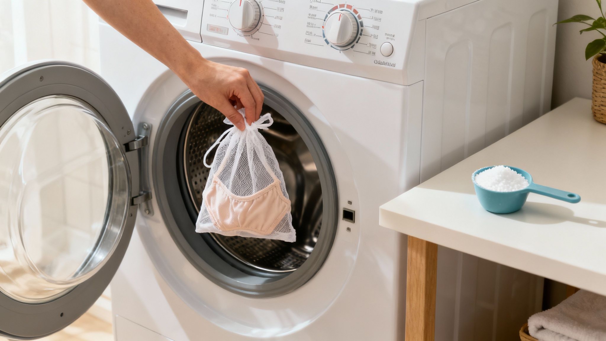 A person's hand places a white mesh laundry bag with beige underwear into an open washing machine drum.