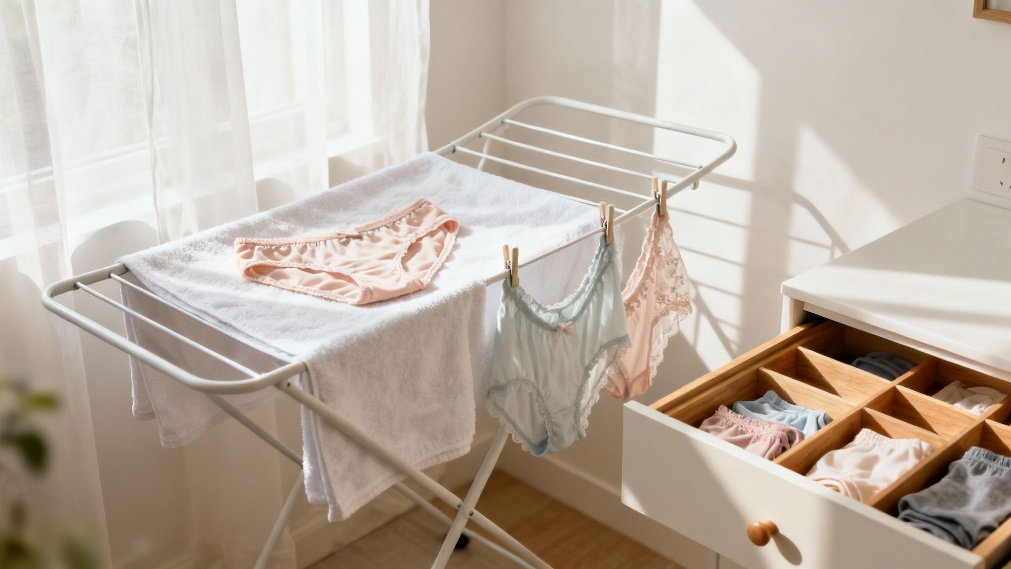Bright room with underwear drying on a rack and organized in a dresser drawer on a sunny day.