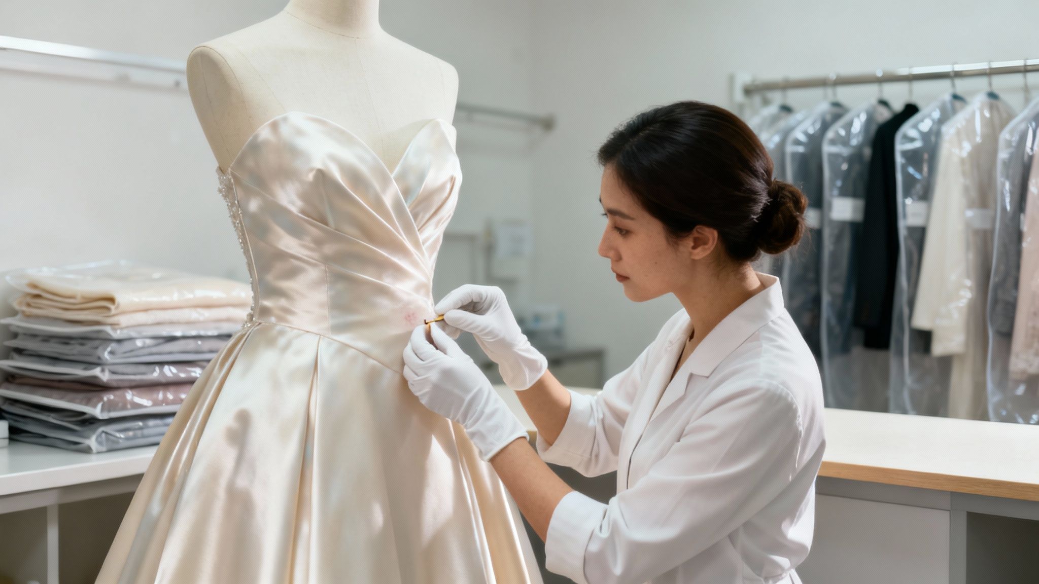A woman in white gloves carefully cleans a stain on a silk dress on a mannequin.