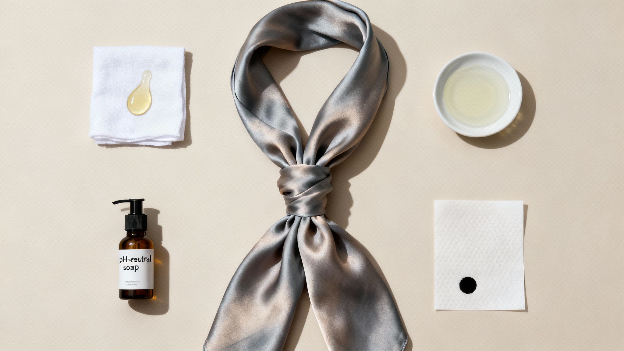 A flat lay showing a grey silk scarf, pH-neutral soap, and items for stain removal.