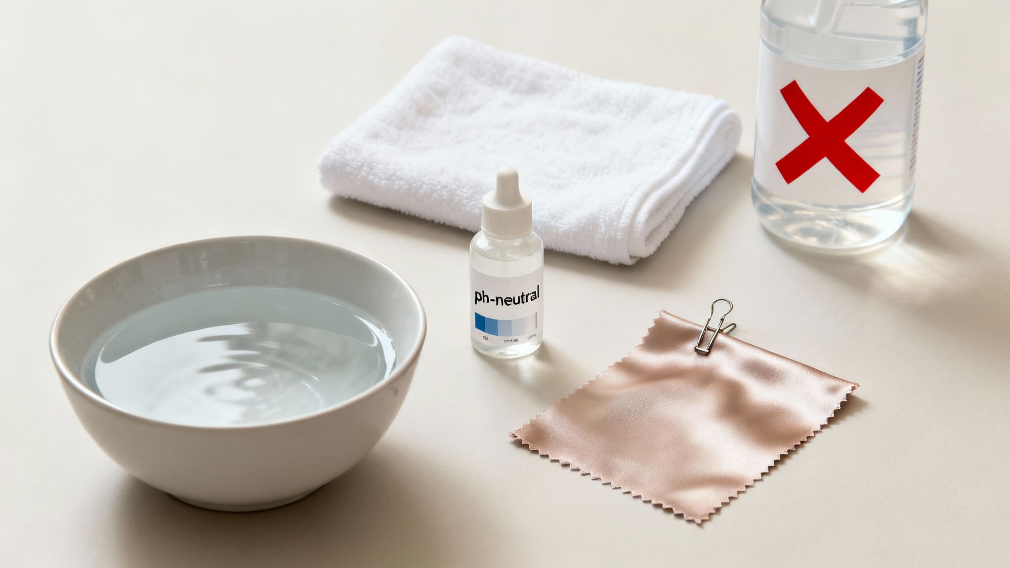 Supplies for delicate fabric care, including a pH-neutral solution, water, towel, and silk fabric sample.
