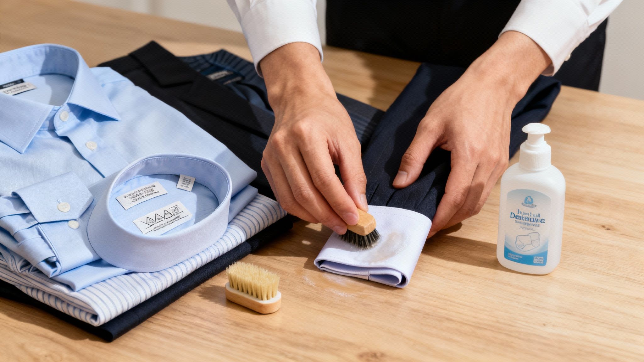 A person uses a brush and cleaning solution to pre-treat a stain on a blue dress shirt cuff.