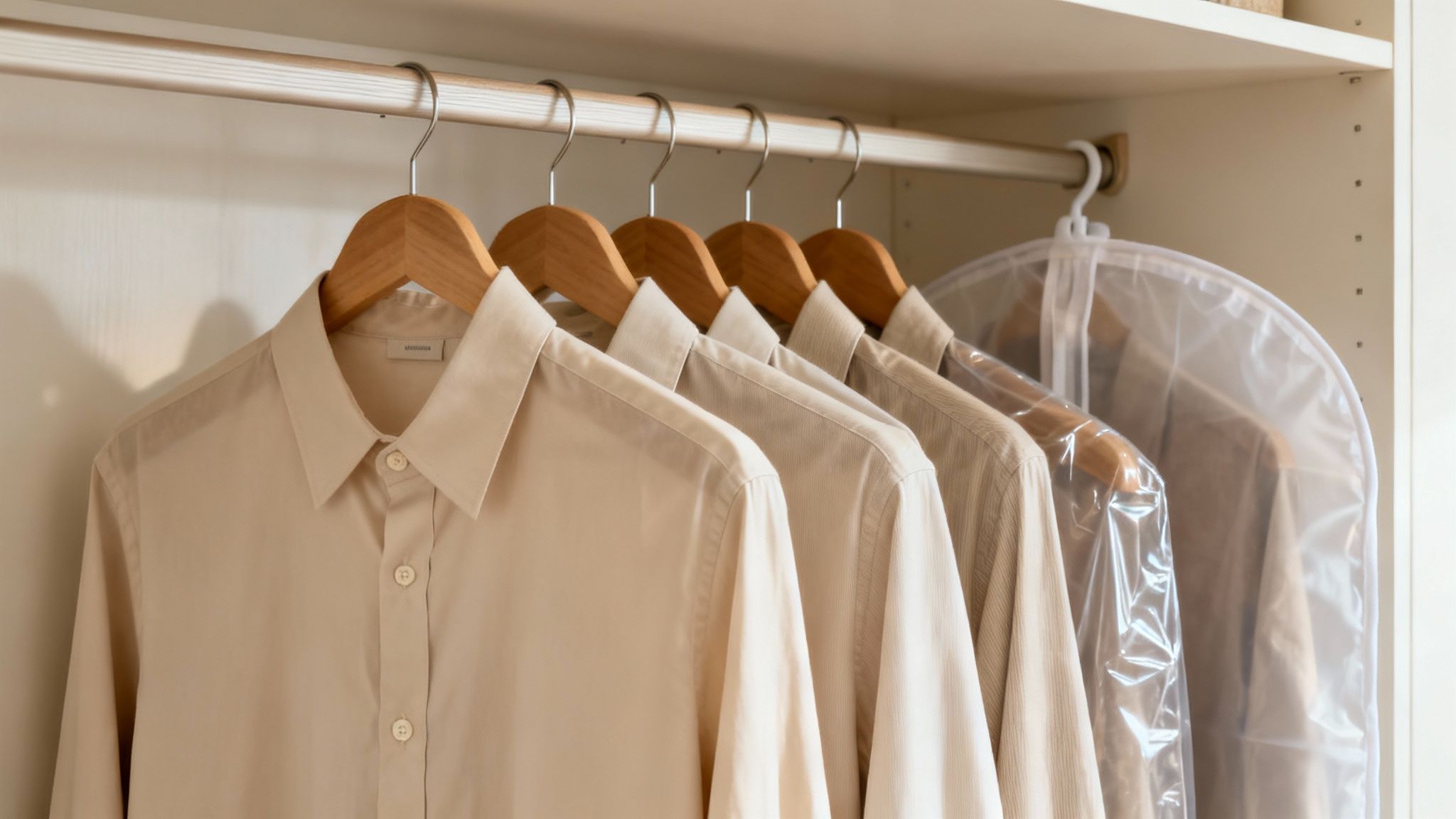 Neatly organized collection of light beige dress shirts on wooden hangers in a closet, some protected by plastic garment bags.