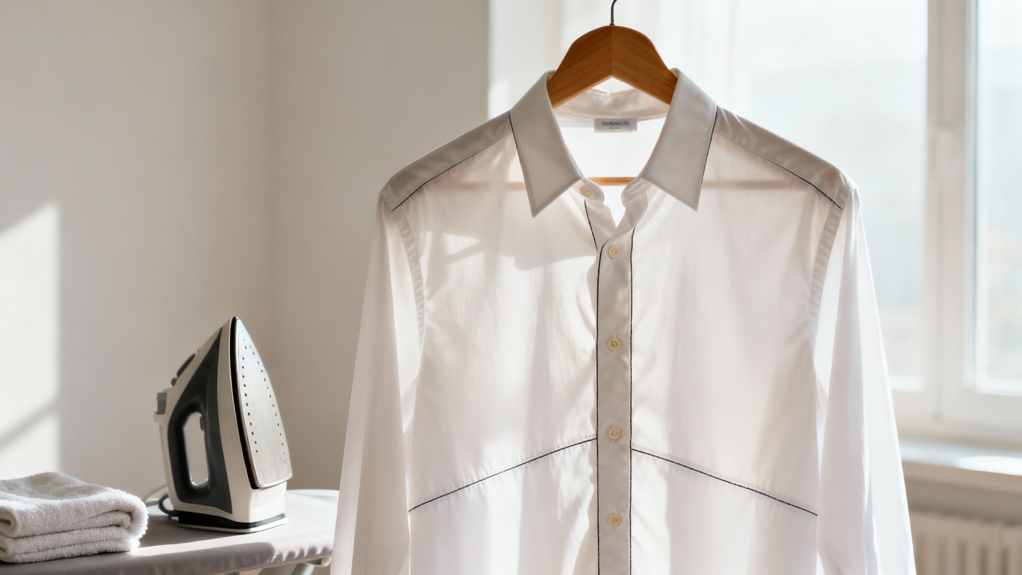 A freshly ironed white dress shirt hangs on a wooden hanger next to an iron and towels.