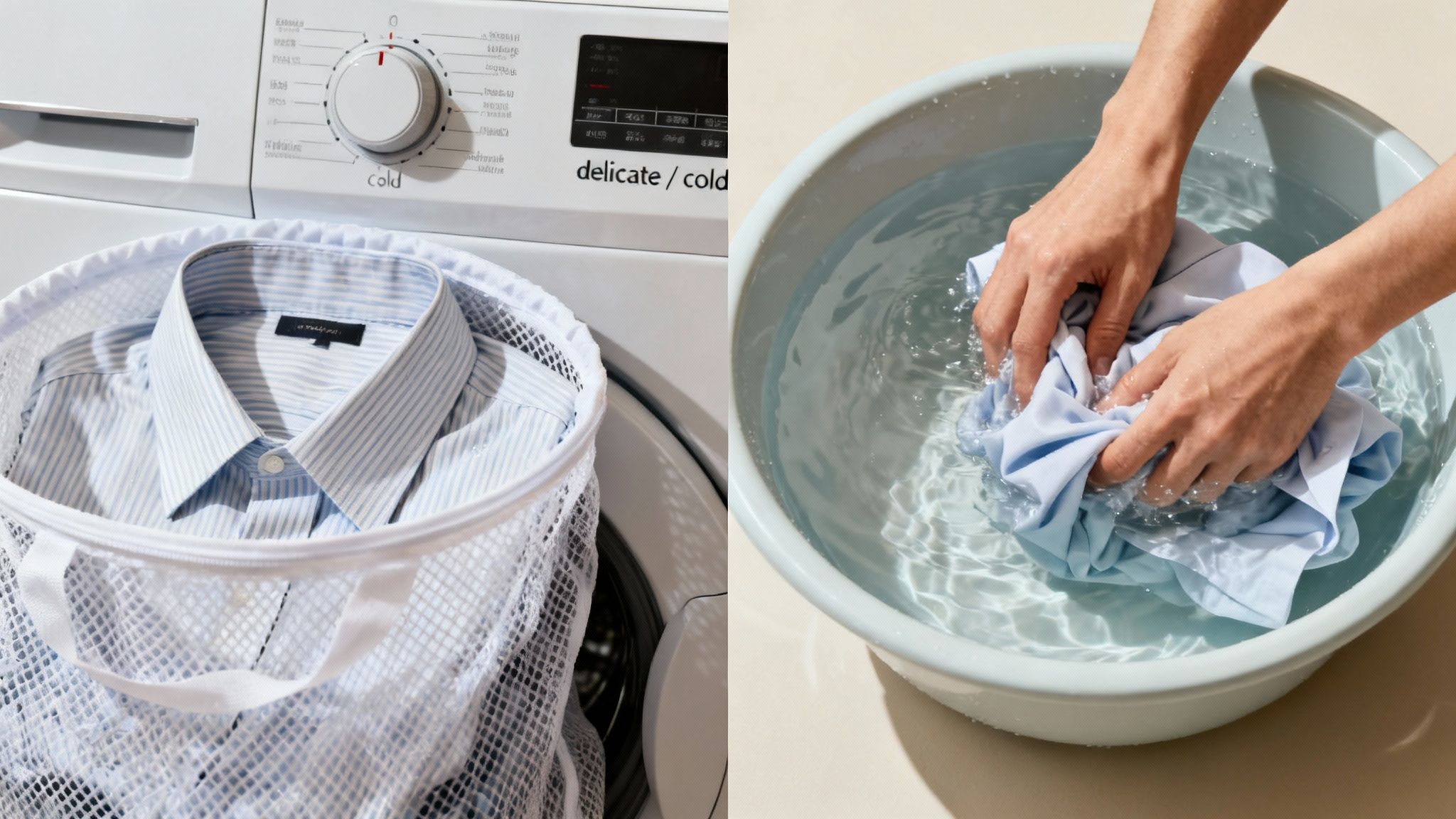 Washing machine with a dress shirt in a laundry bag and hands washing a shirt by hand.