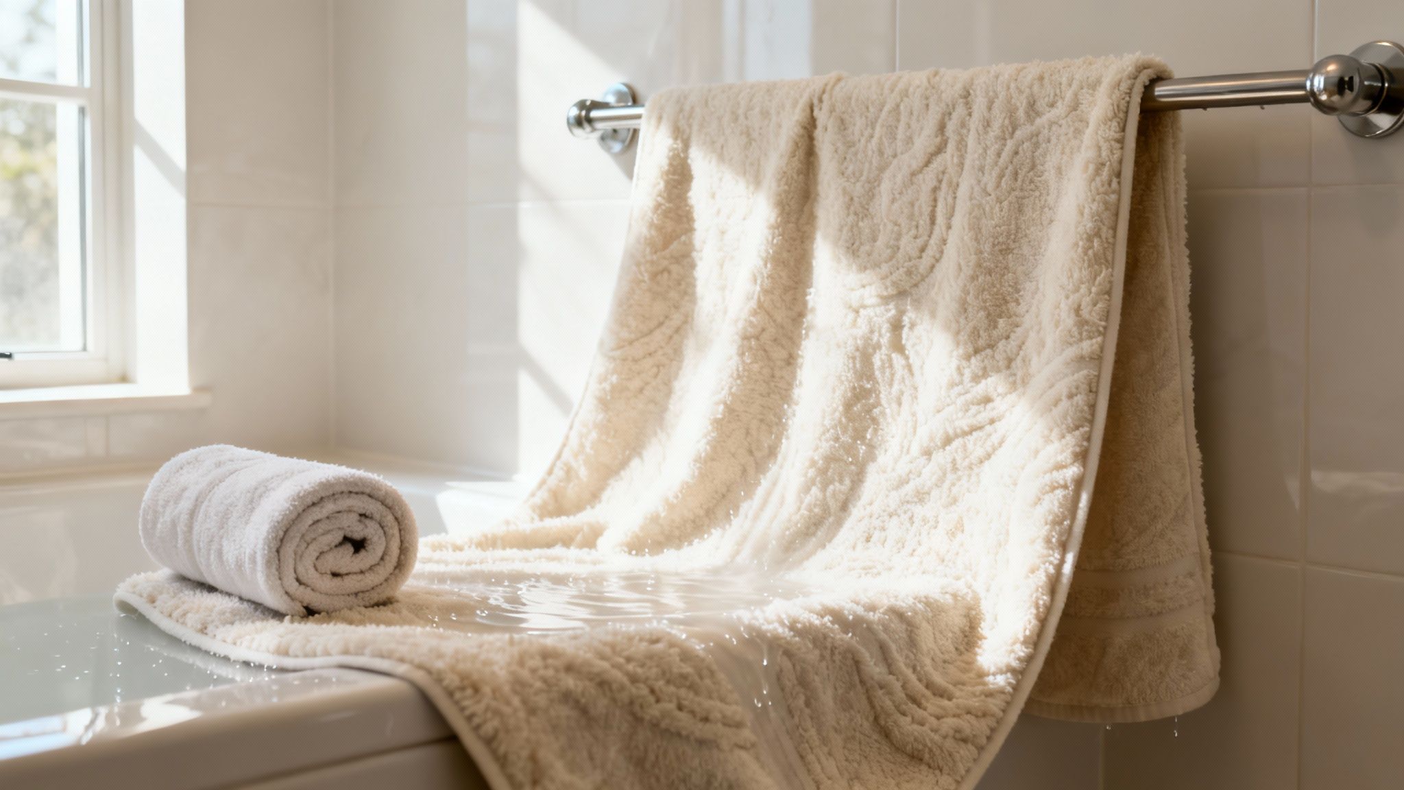 Wet towels in a bright bathroom, one hanging and one rolled on the tub's edge.