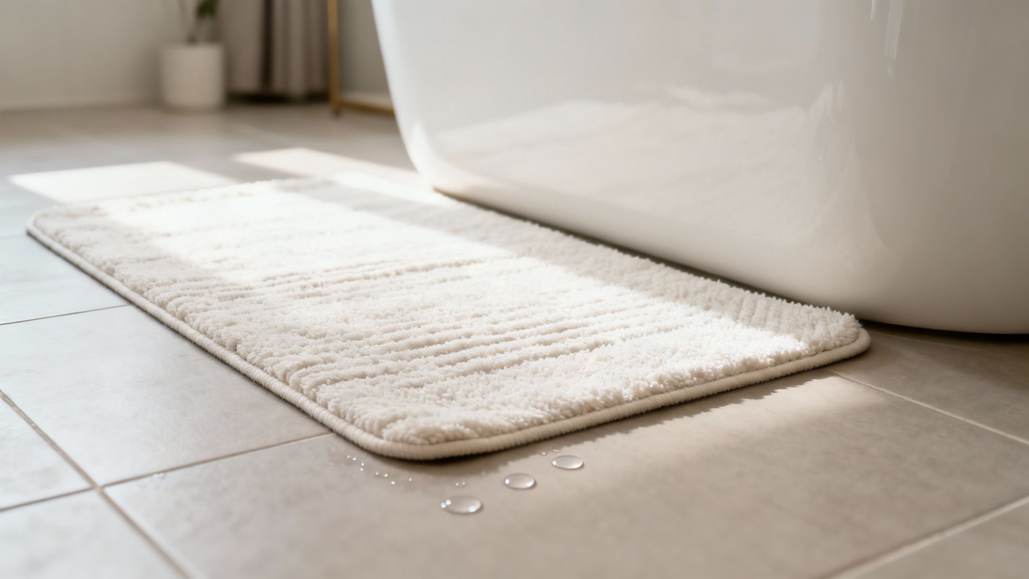 A soft white bath mat on light tile floor next to a bathtub with water droplets.
