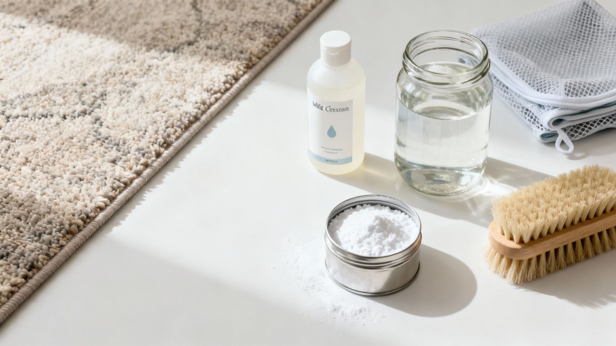 A close-up of rug cleaning essentials: a rug, liquid soap, water, powder, and a scrub brush.