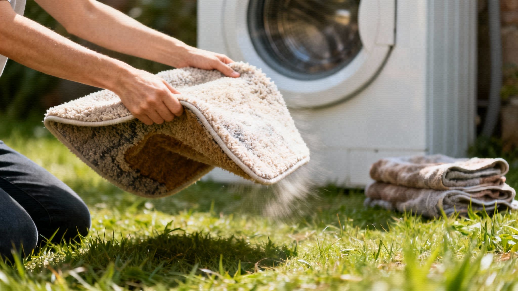 A person prepares to wash a beige bathroom rug by shaking off dust onto green grass.