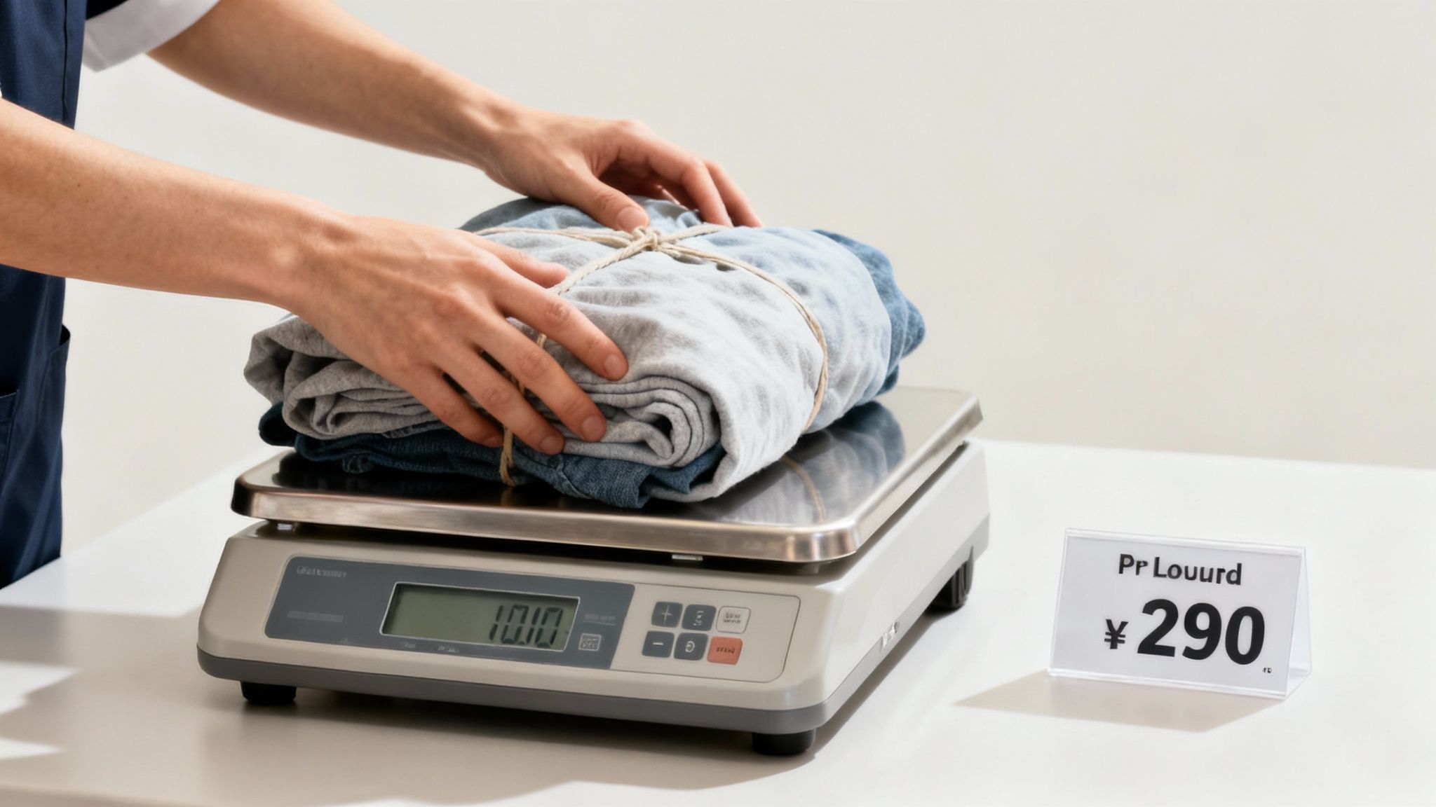 Hands place a bundle of folded clothes tied with twine onto a digital scale next to a ¥290 price tag.