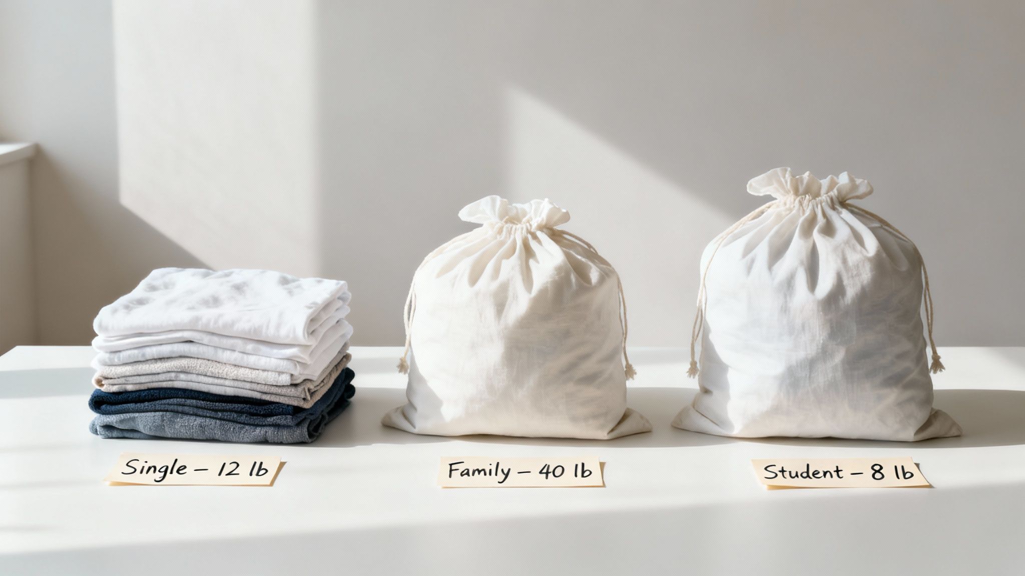 Three laundry service options: a stack of folded clothes, a large family bag, and a small student bag.