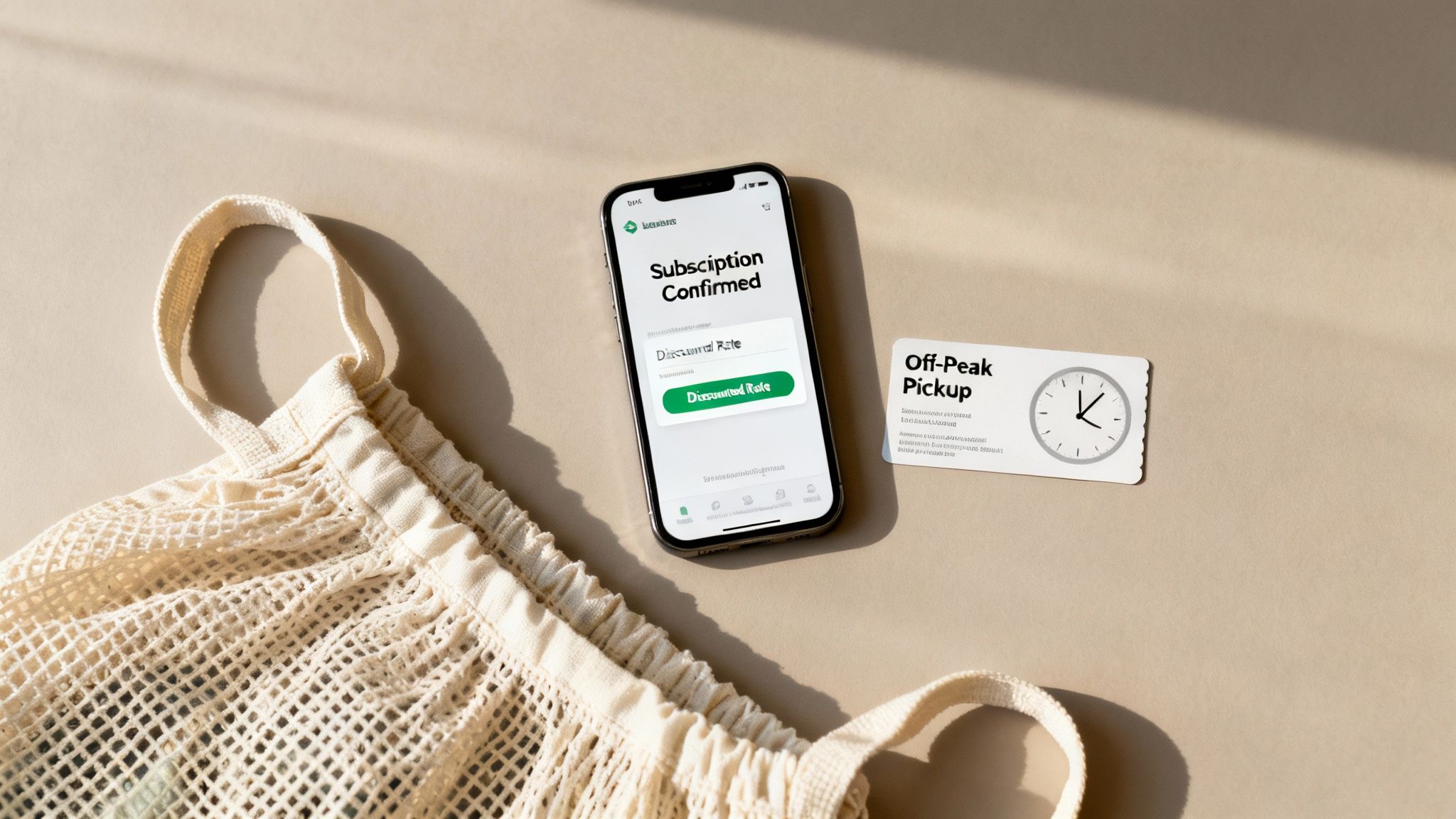 Smartphone displays 'Subscription Confirmed' and 'Discounted Rate' next to an 'Off-Peak Pickup' card and a mesh bag.