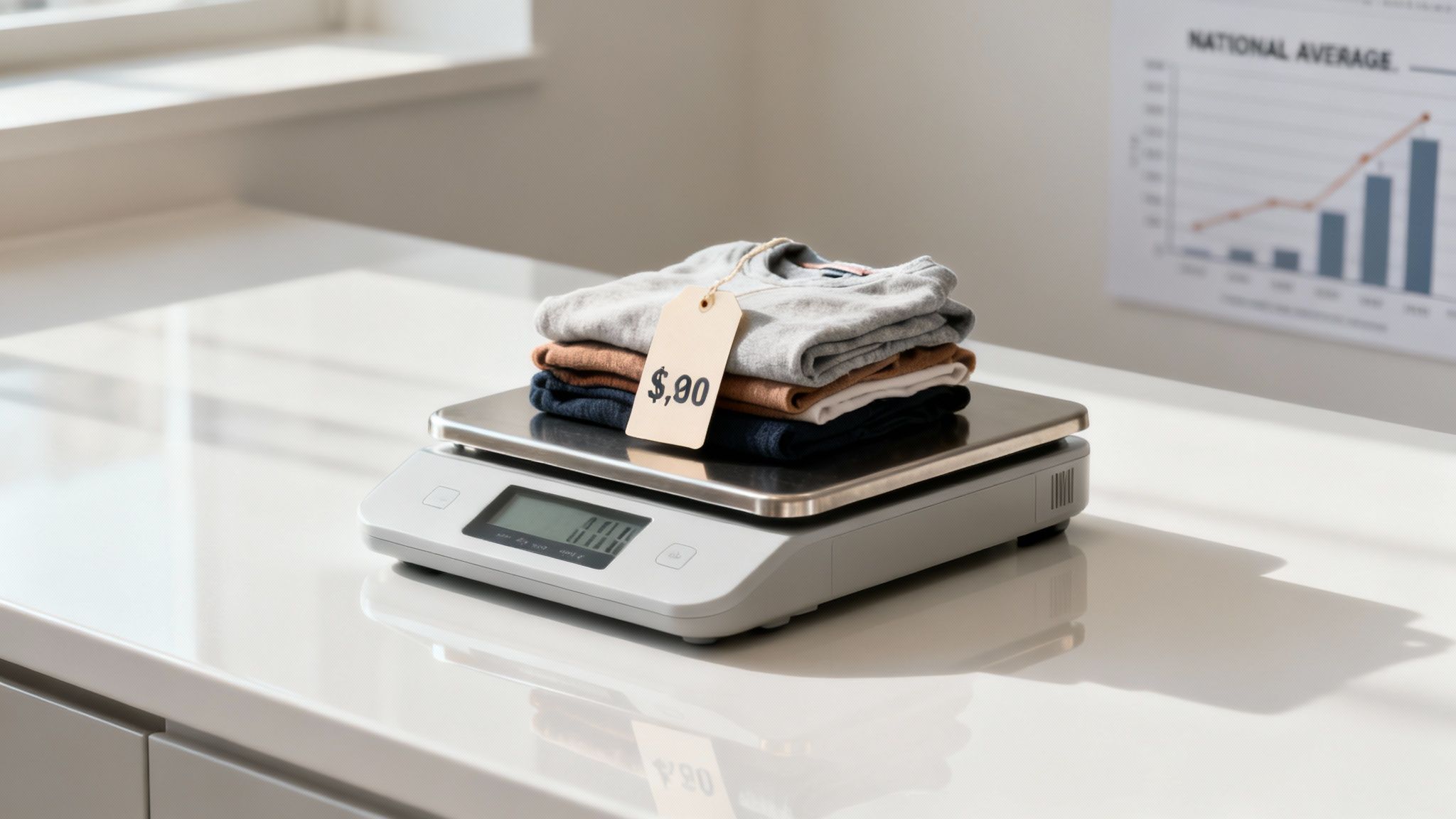 A stack of folded clothes with a $0.90 price tag sits on a digital scale in a bright room.