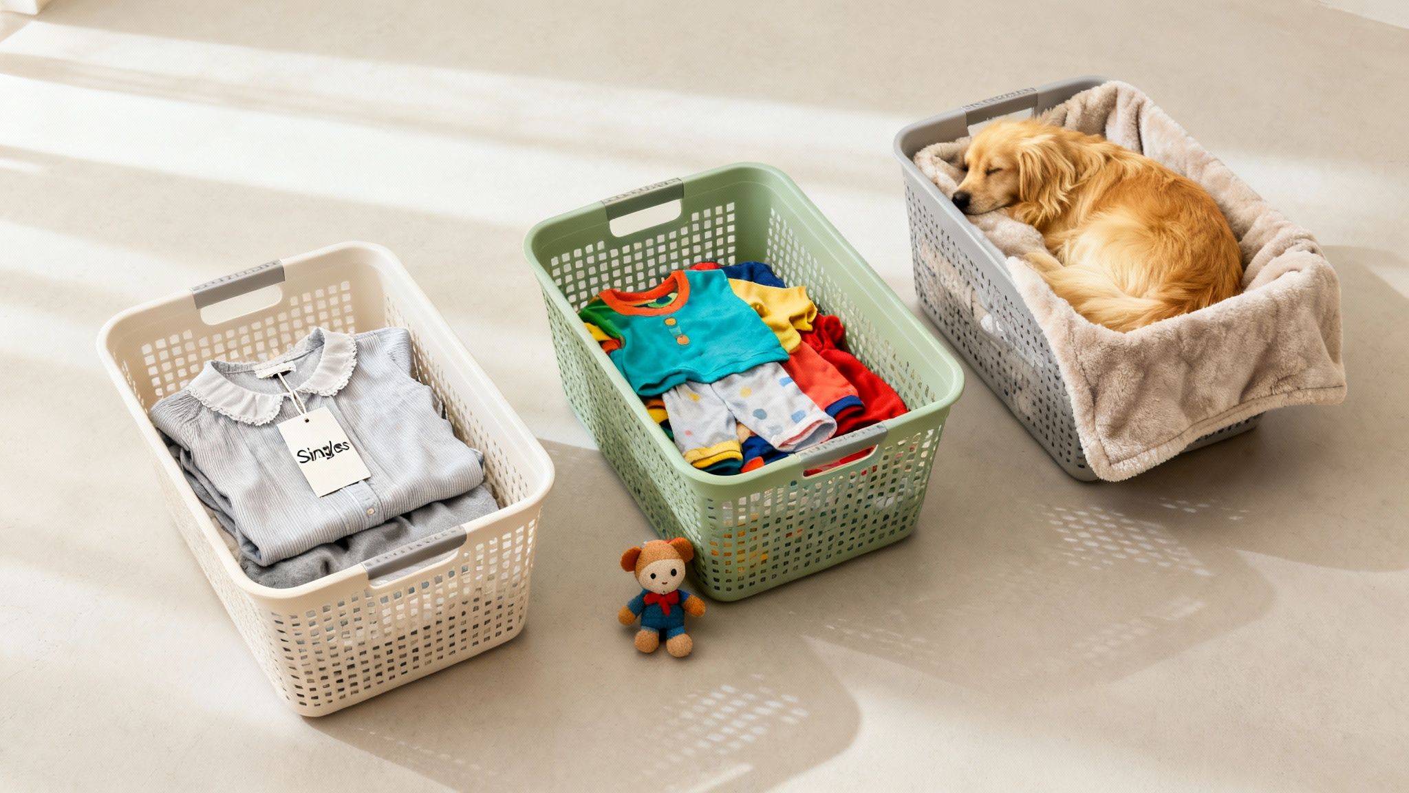 Three laundry baskets on the floor, one with adult clothes, one with baby clothes, and one with a sleeping golden retriever.